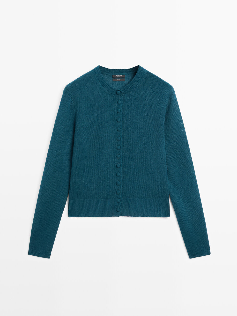 Wool knit cardigan with covered buttons · Blue, Olive · Cardigan