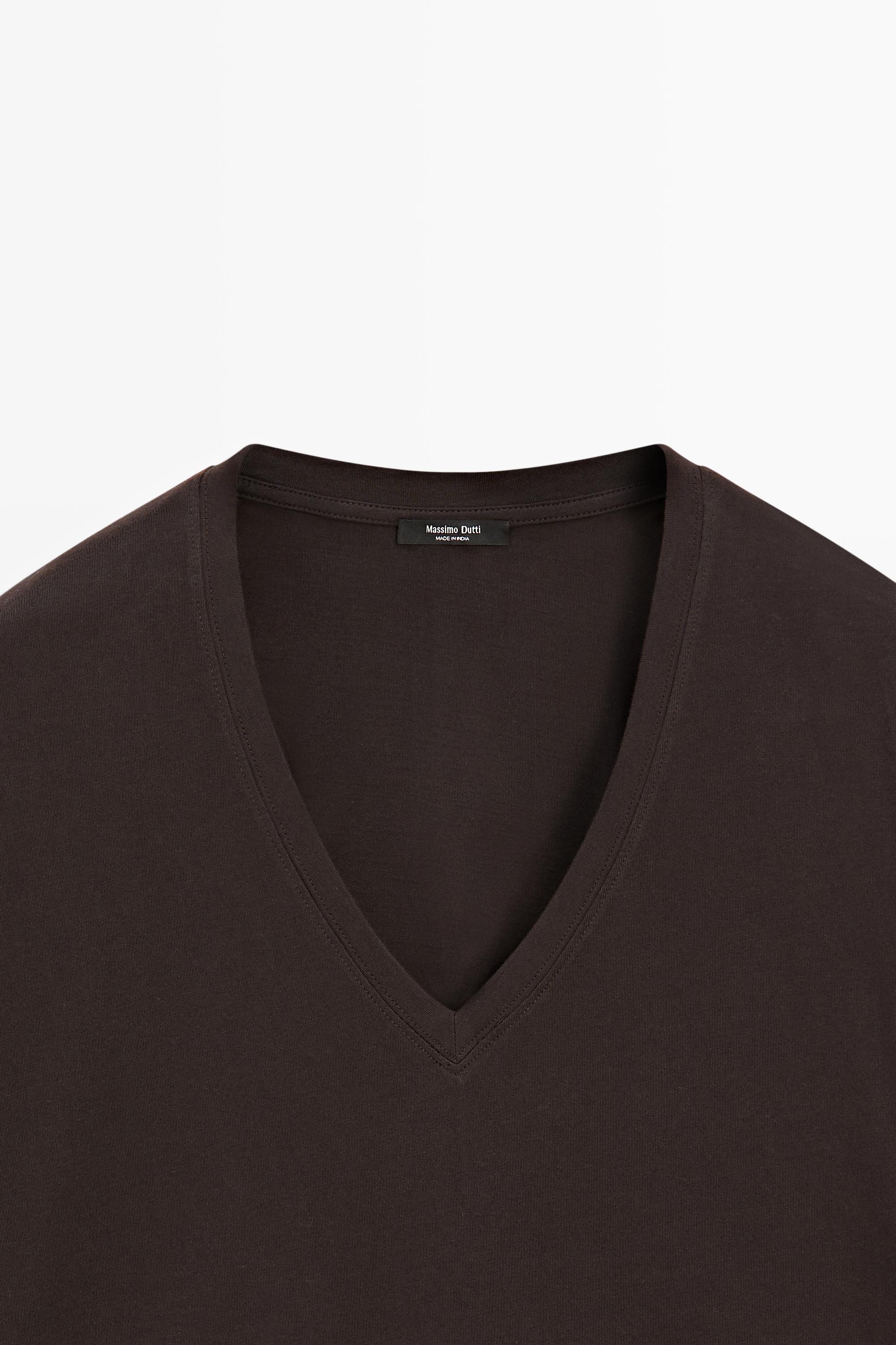 Flowing cropped fit V-neck T-shirt — BROWN