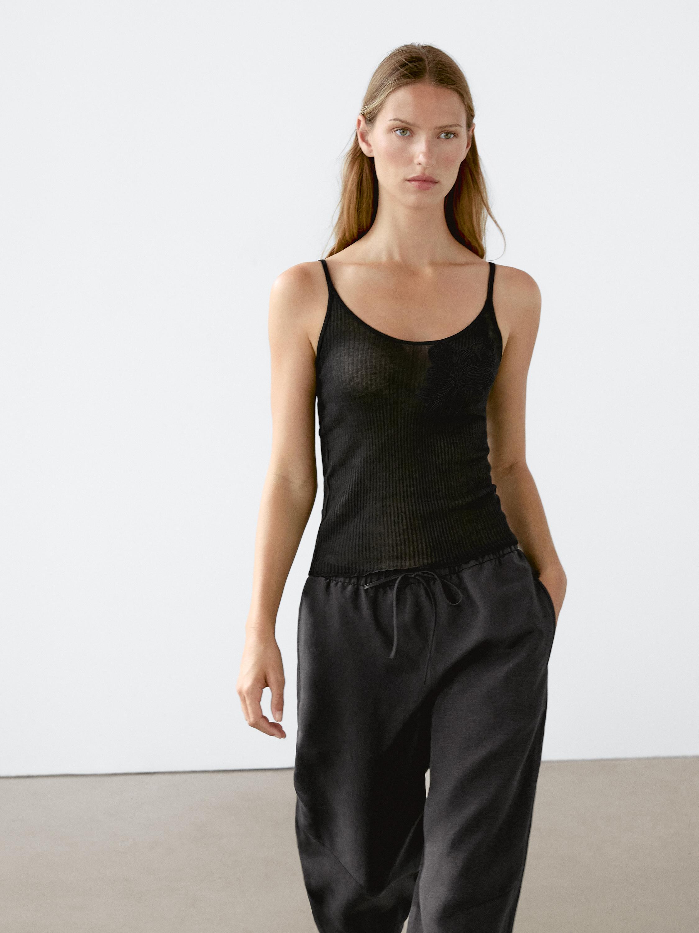 Strappy cotton top with floral detail