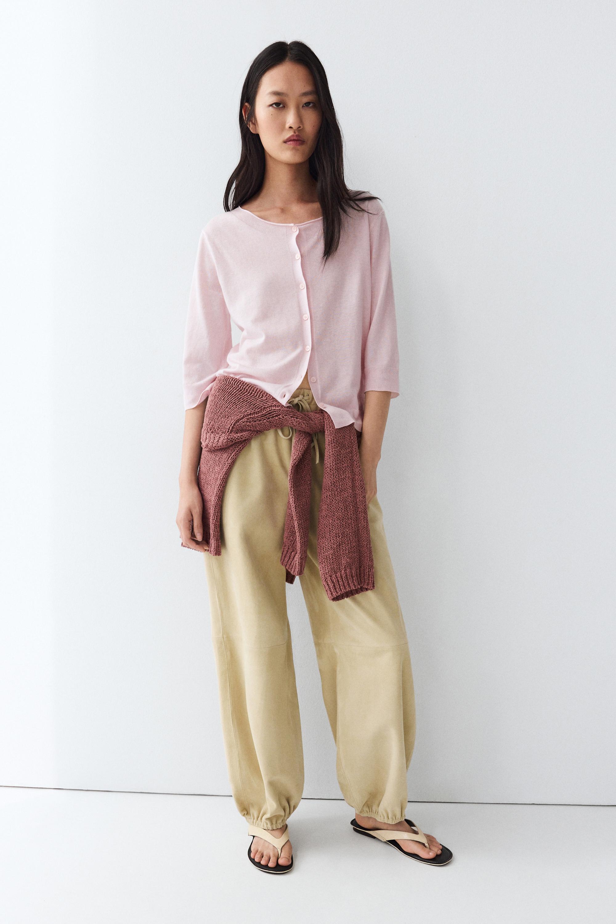 Cotton blend boat neck cardigan — PALE PINK