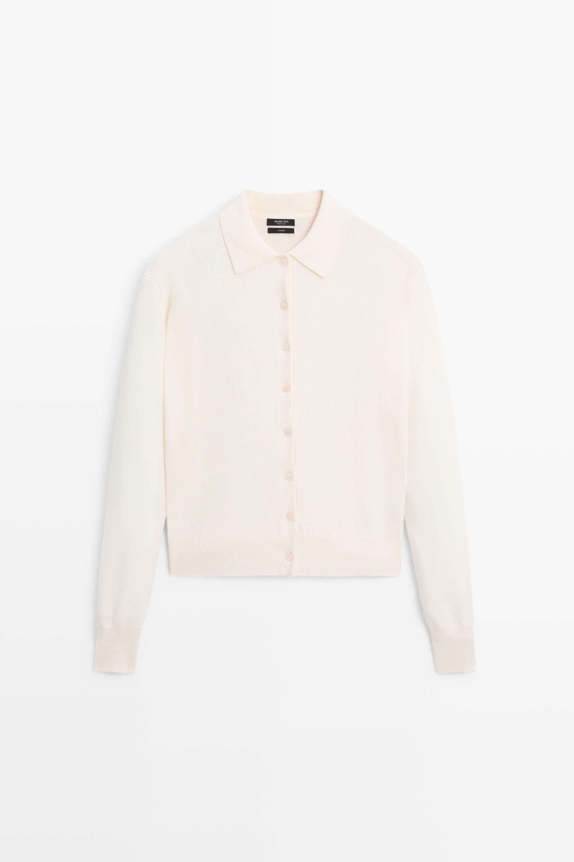 100% cashmere knit polo collar cardigan — CREAM