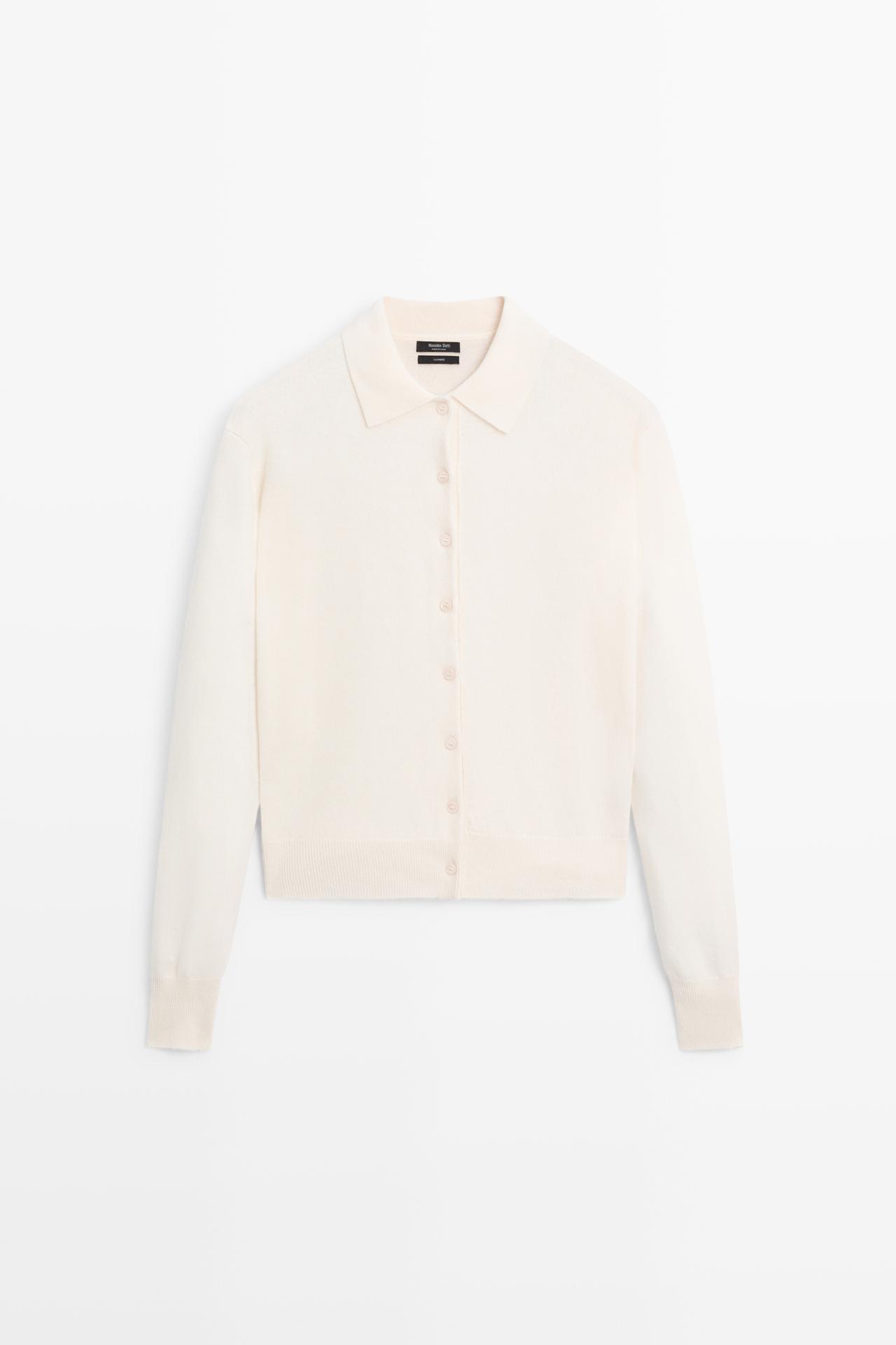 100% cashmere knit polo collar cardigan — CREAM