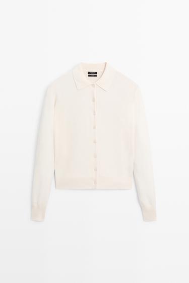 100% cashmere knit polo collar cardigan — CREAM 2
