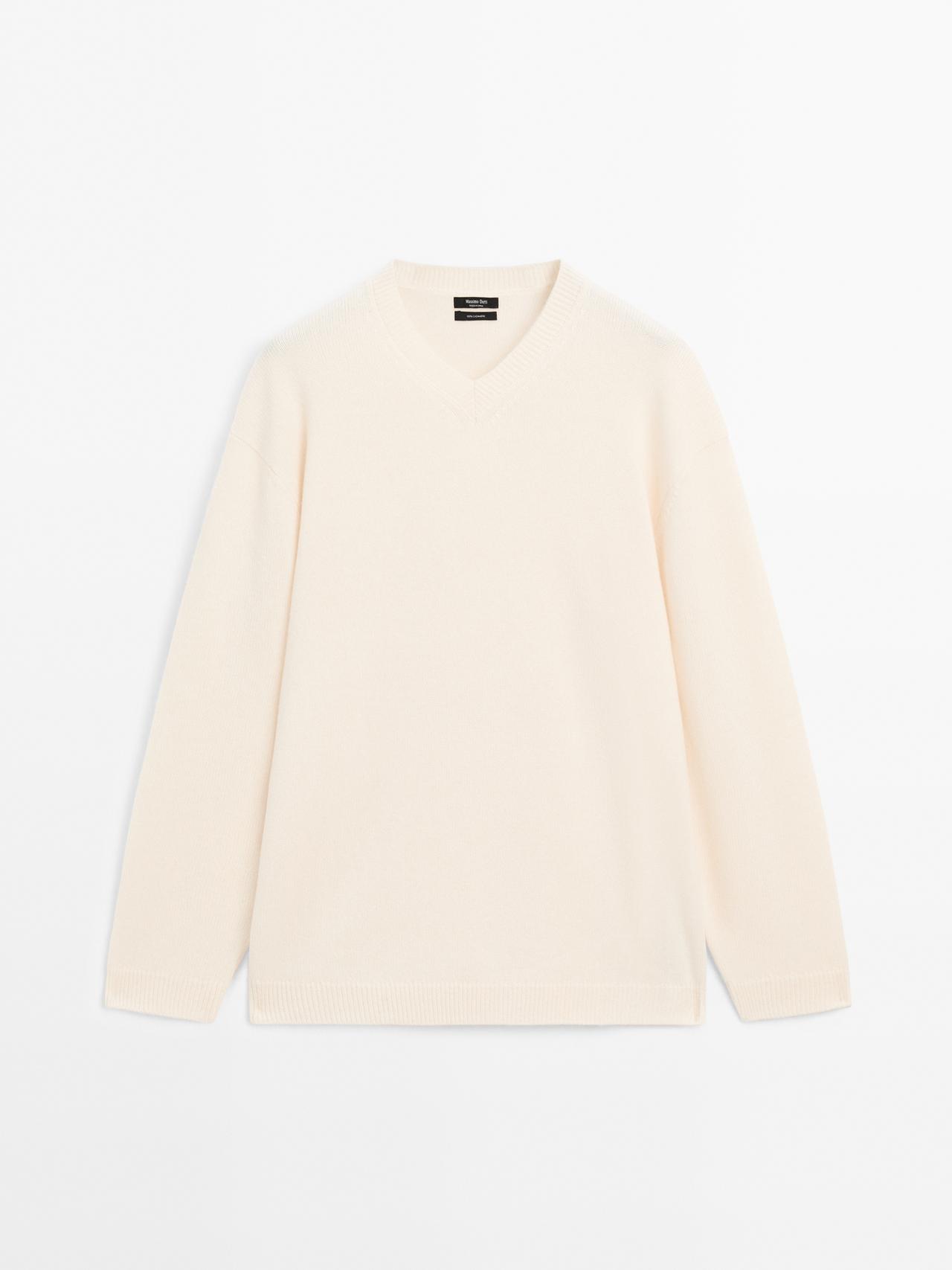 Massimo Dutti - Dame - Oversize Trøje I 100 % Kashmir Med V-Udskæring - Råhvid - L