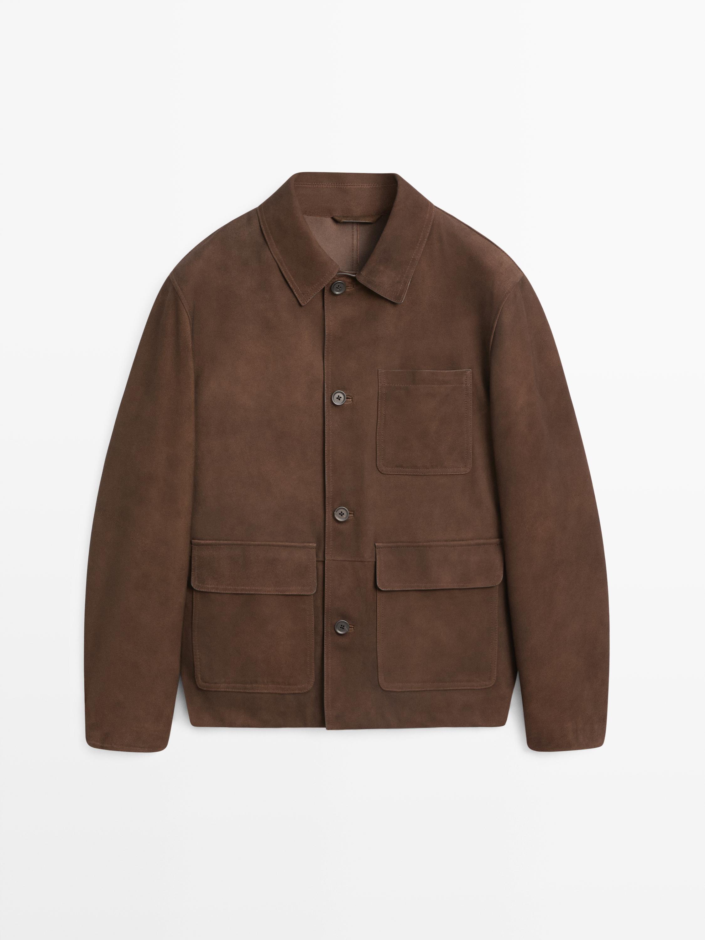 Front view of a brown jacket with flap and button front pockets, upper left pocket, button closure.