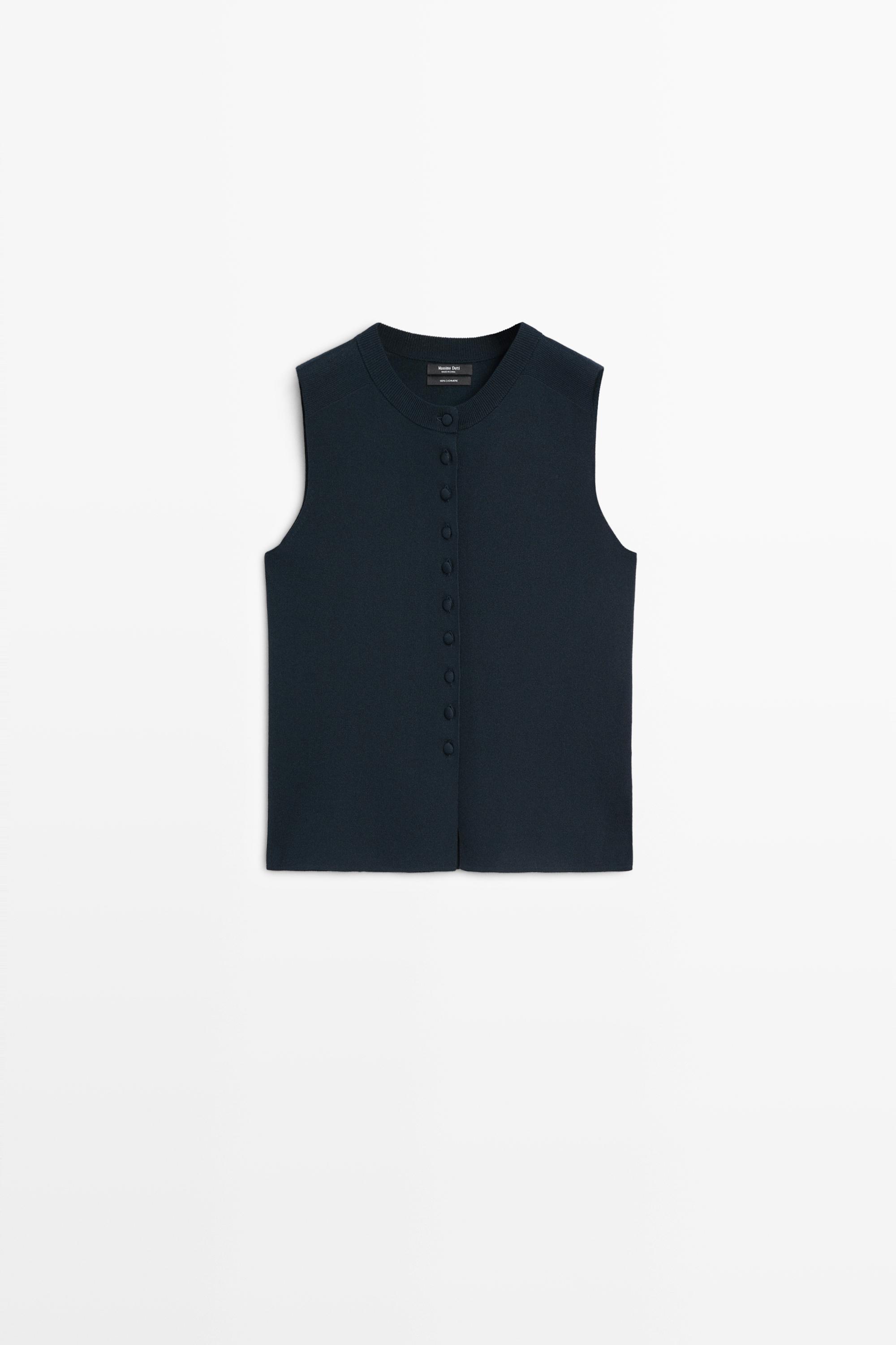 Fine-knit vest with covered buttons — NAVY BLUE