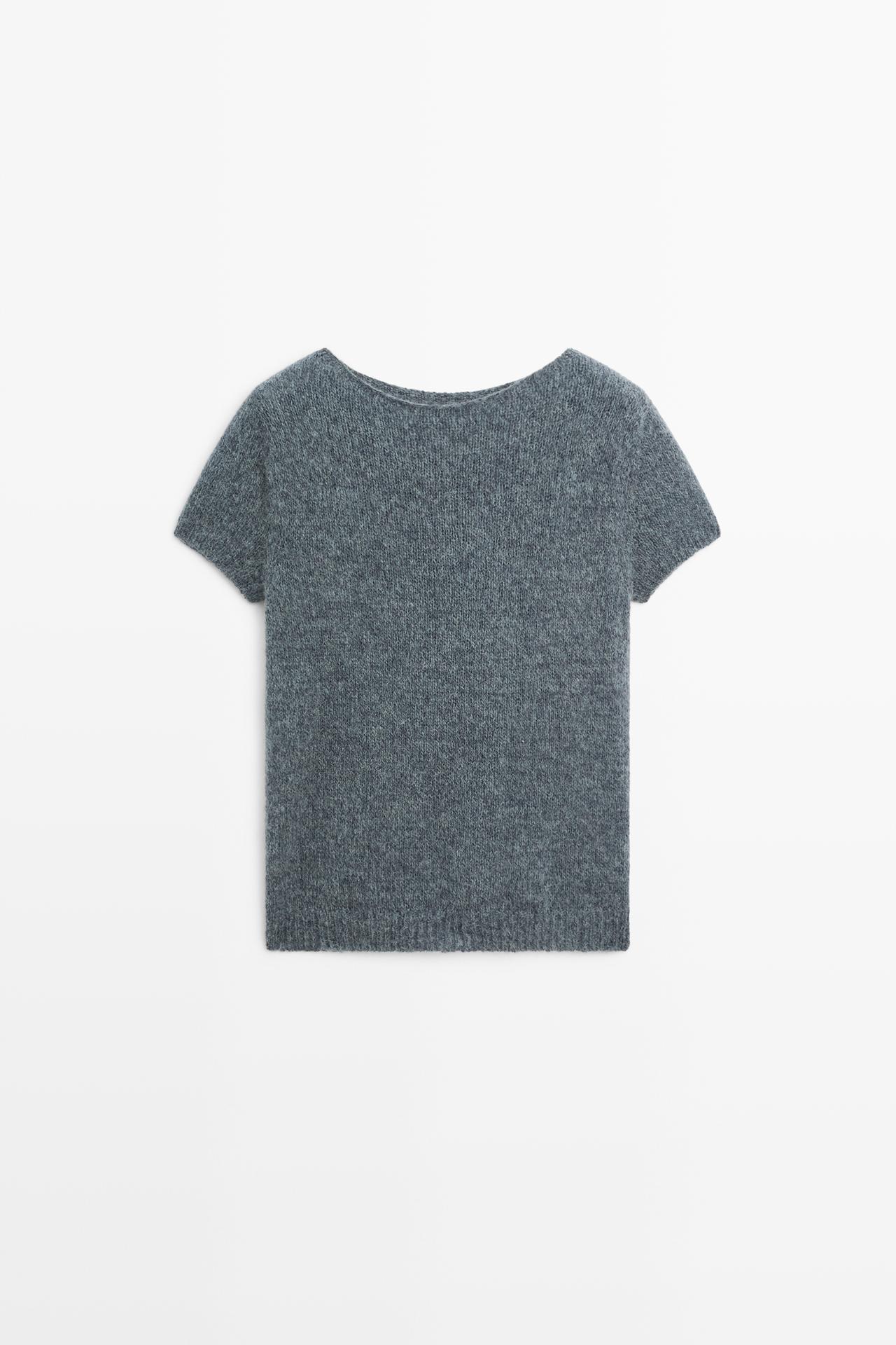 Short sleeve alpaca blend knit sweater — GREY BLUE