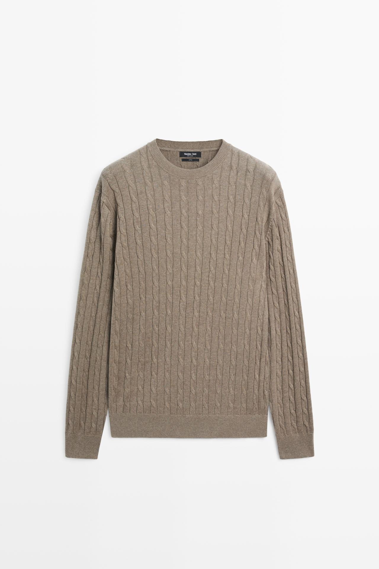 Cable-knit round neck sweater — KHAKI