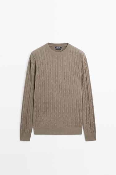 Cable-knit round neck sweater — KHAKI 2