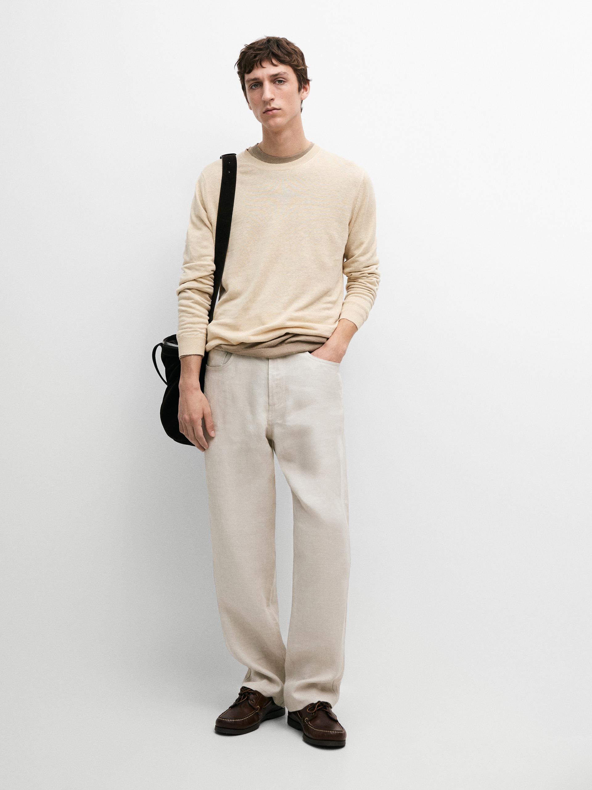 Pull En Maille 100 % Lin À Col Rond - Vanille - Xl - Massimo Dutti - Homme