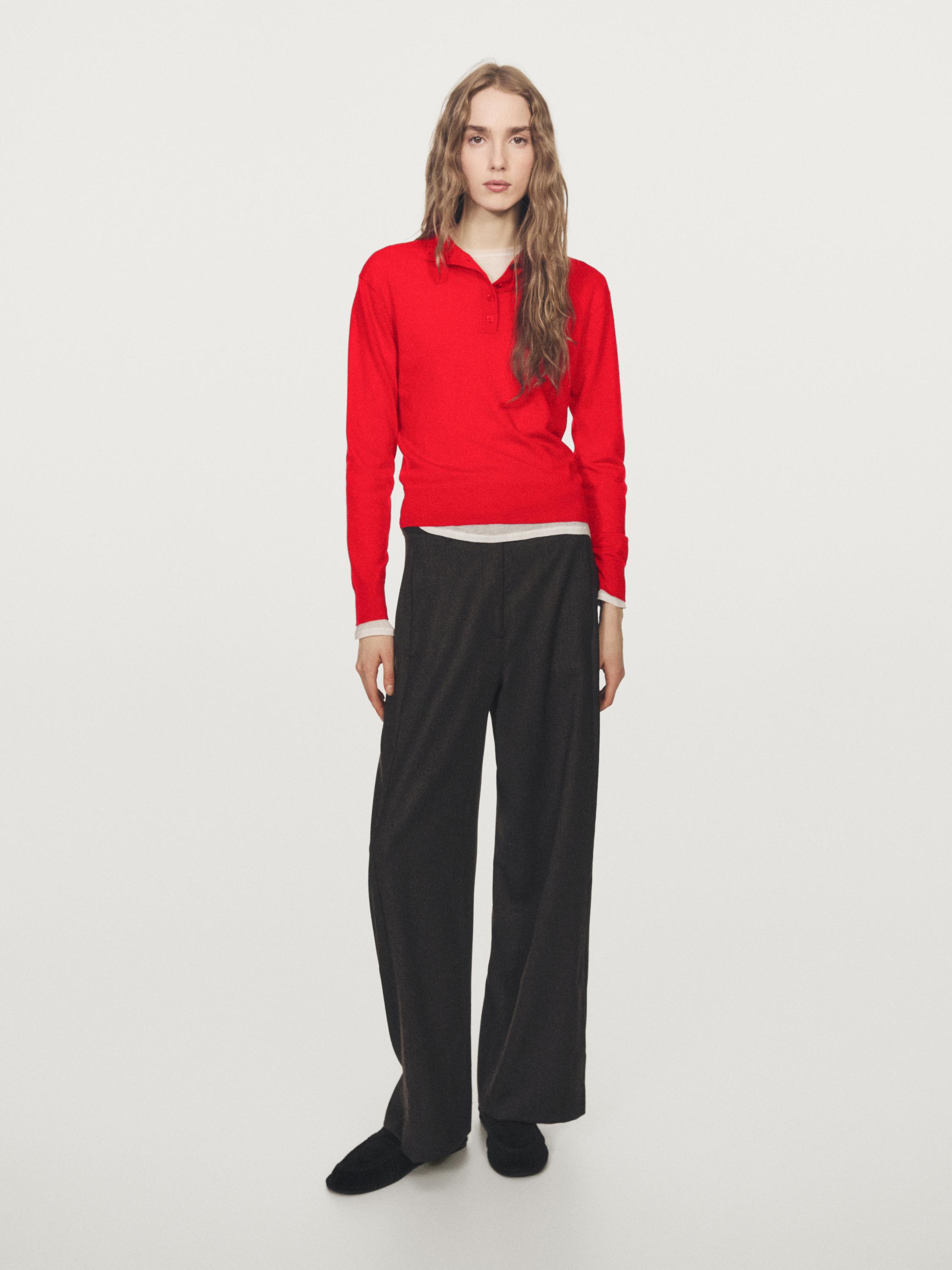 Buttoned mock turtleneck knit sweater — RED