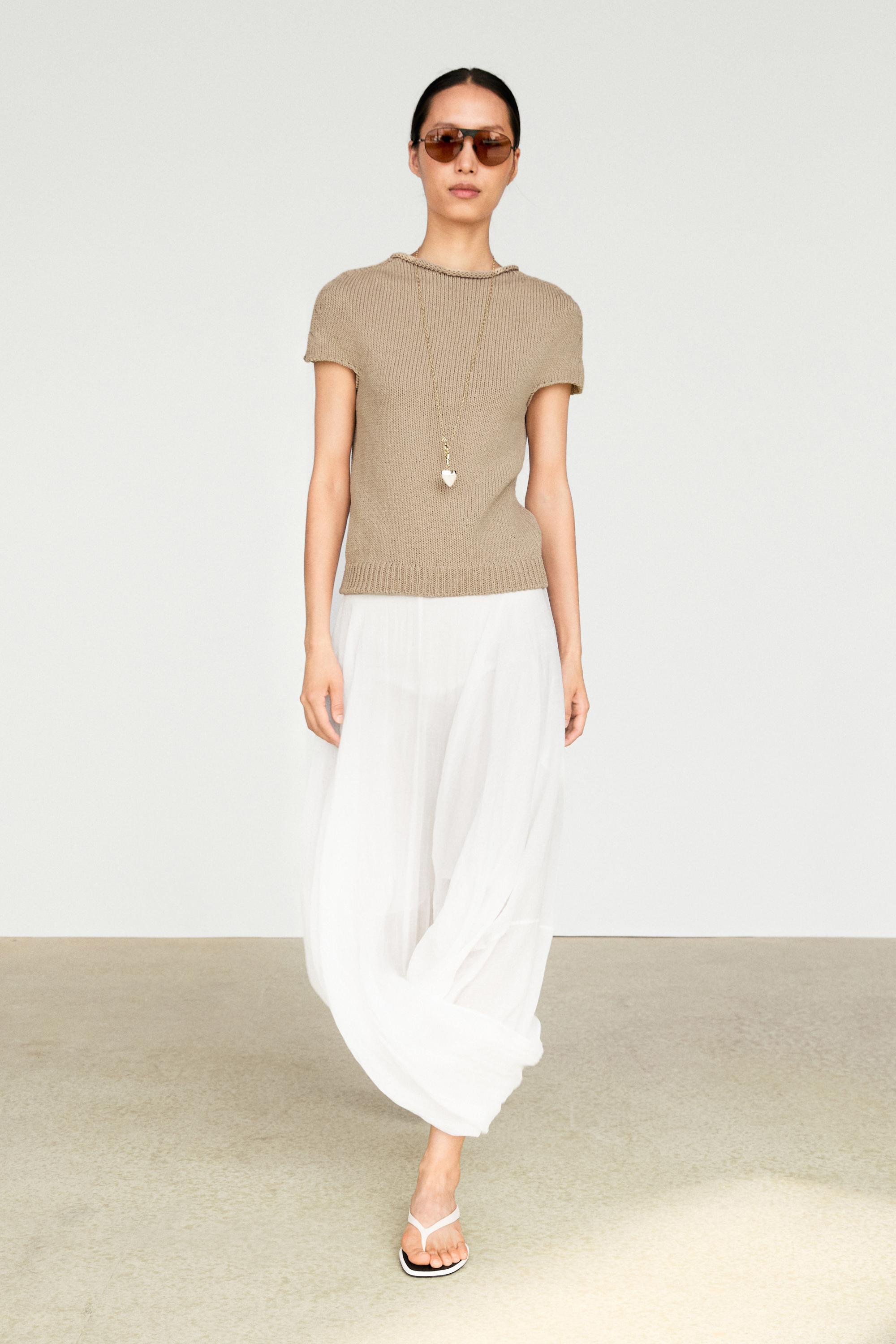 Cotton blend short sleeve rolled-neck sweater — BEIGE