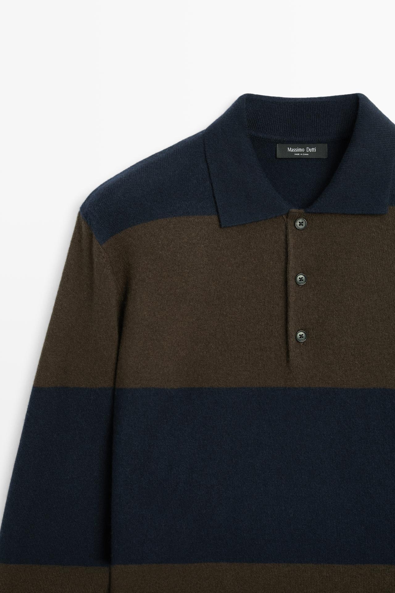 Wool-blend striped polo sweater — DEEP BLUE
