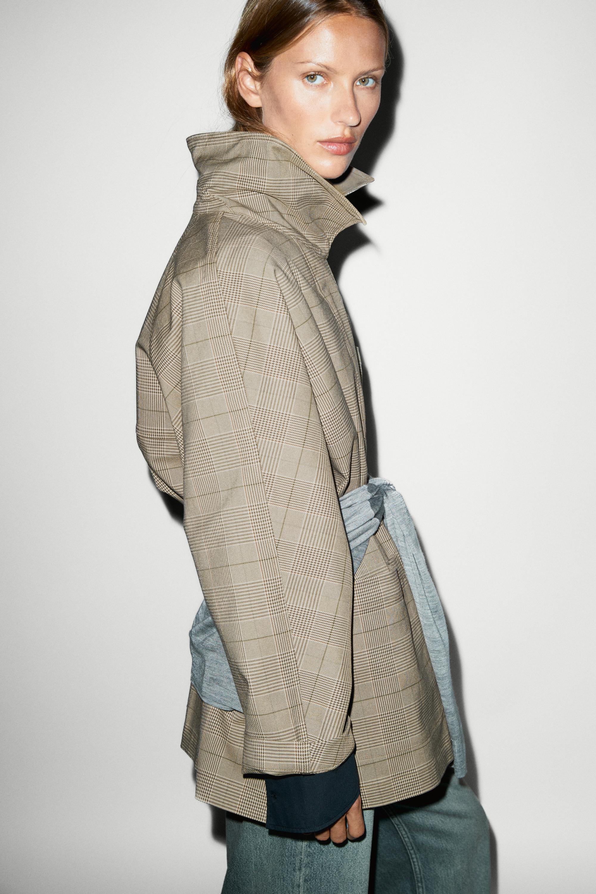 Cotton blend plaid high neck jacket — KHAKI