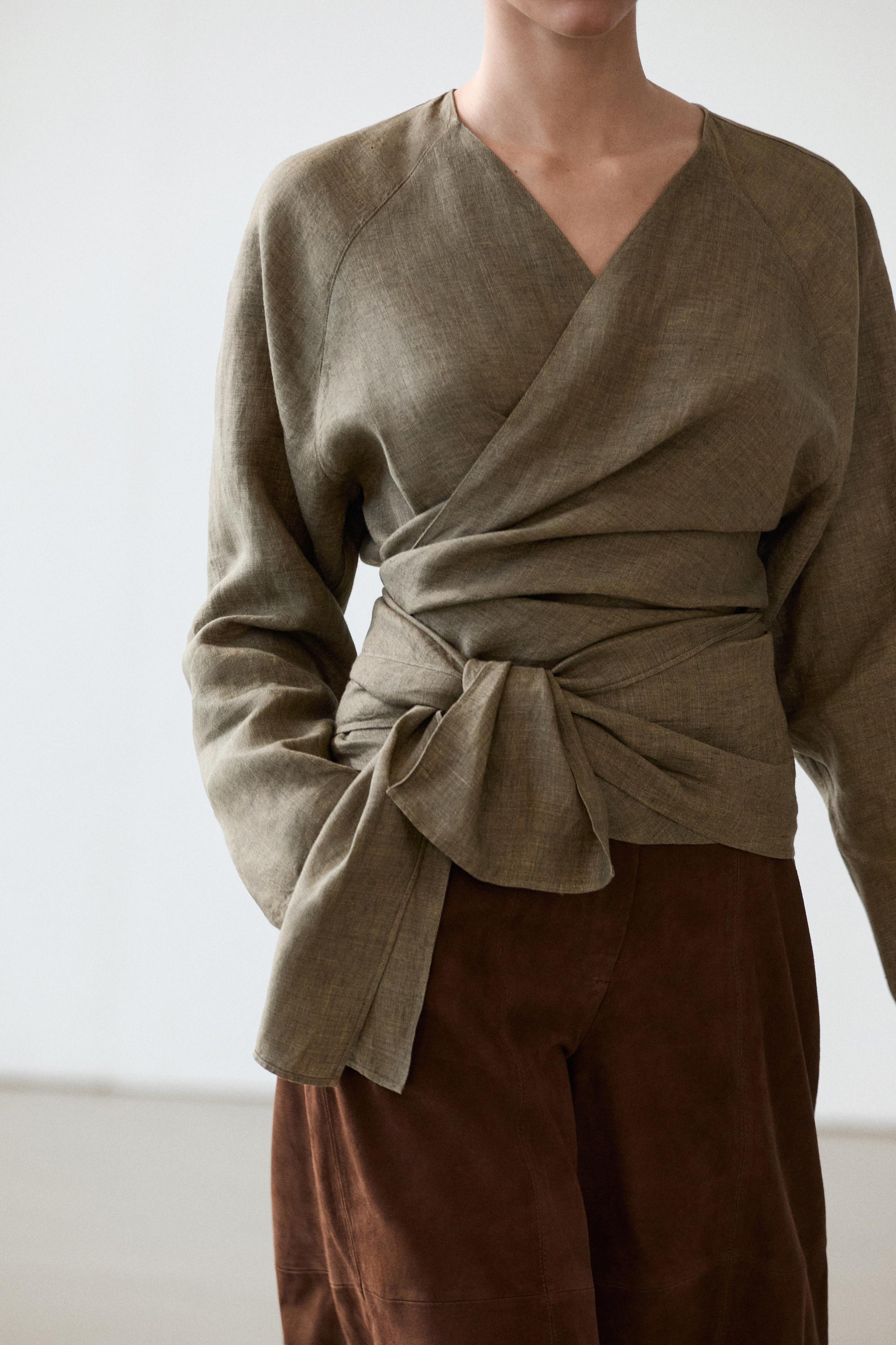 100% linen shirt with tie detail — GREEN