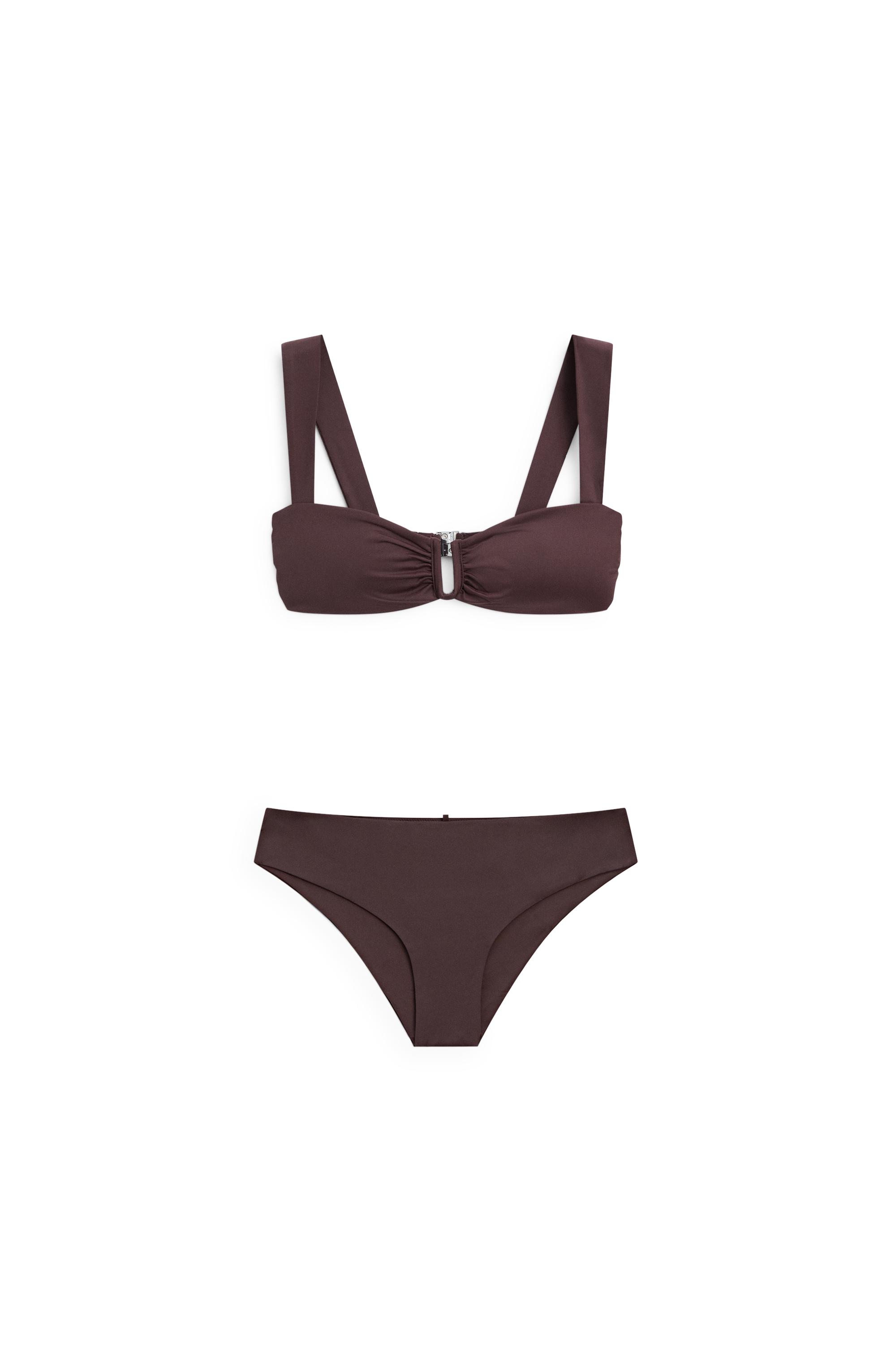 Strappy bikini top with gathered detail — BROWN