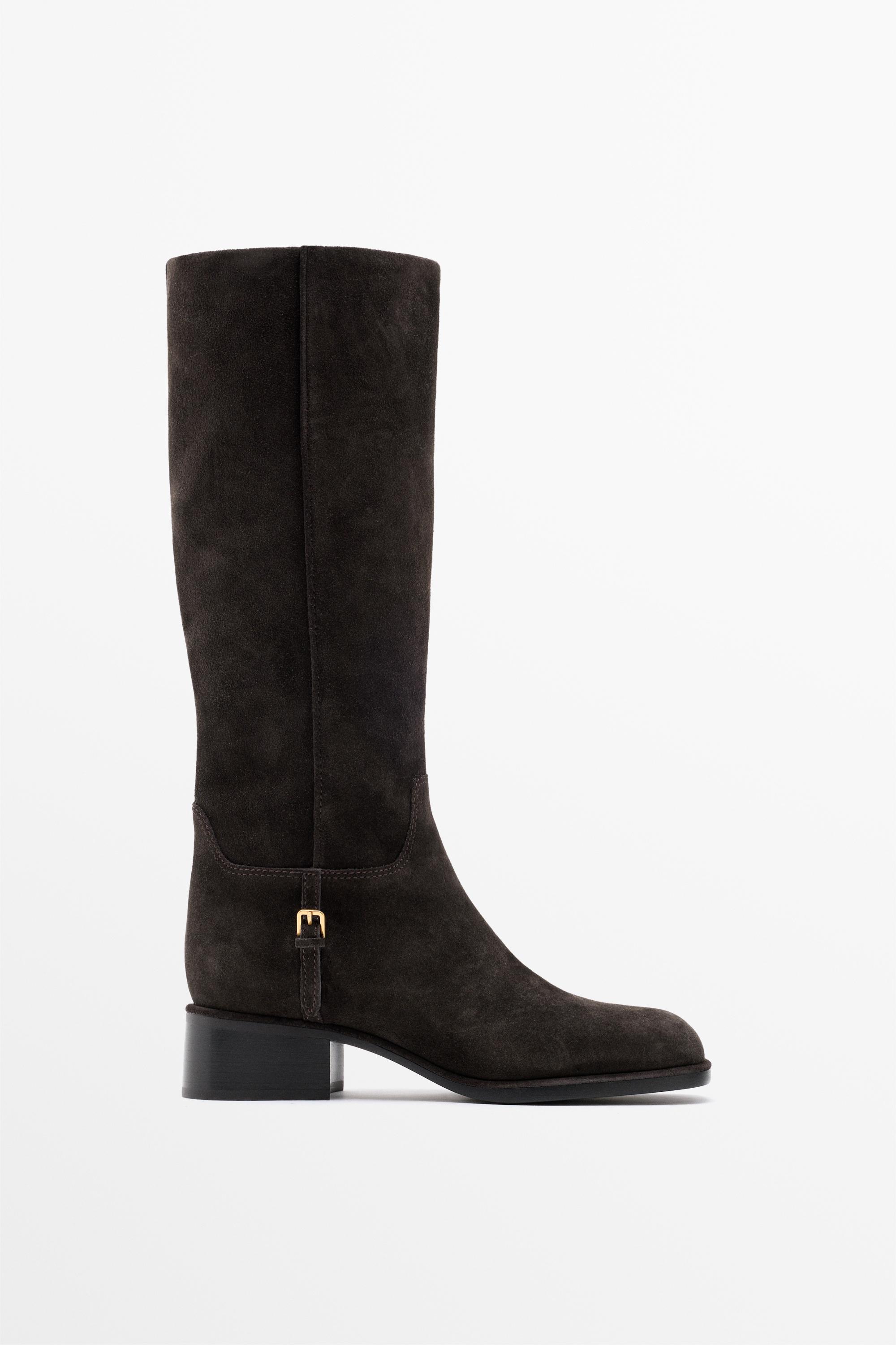 Split suede leather flat boots with side buckle