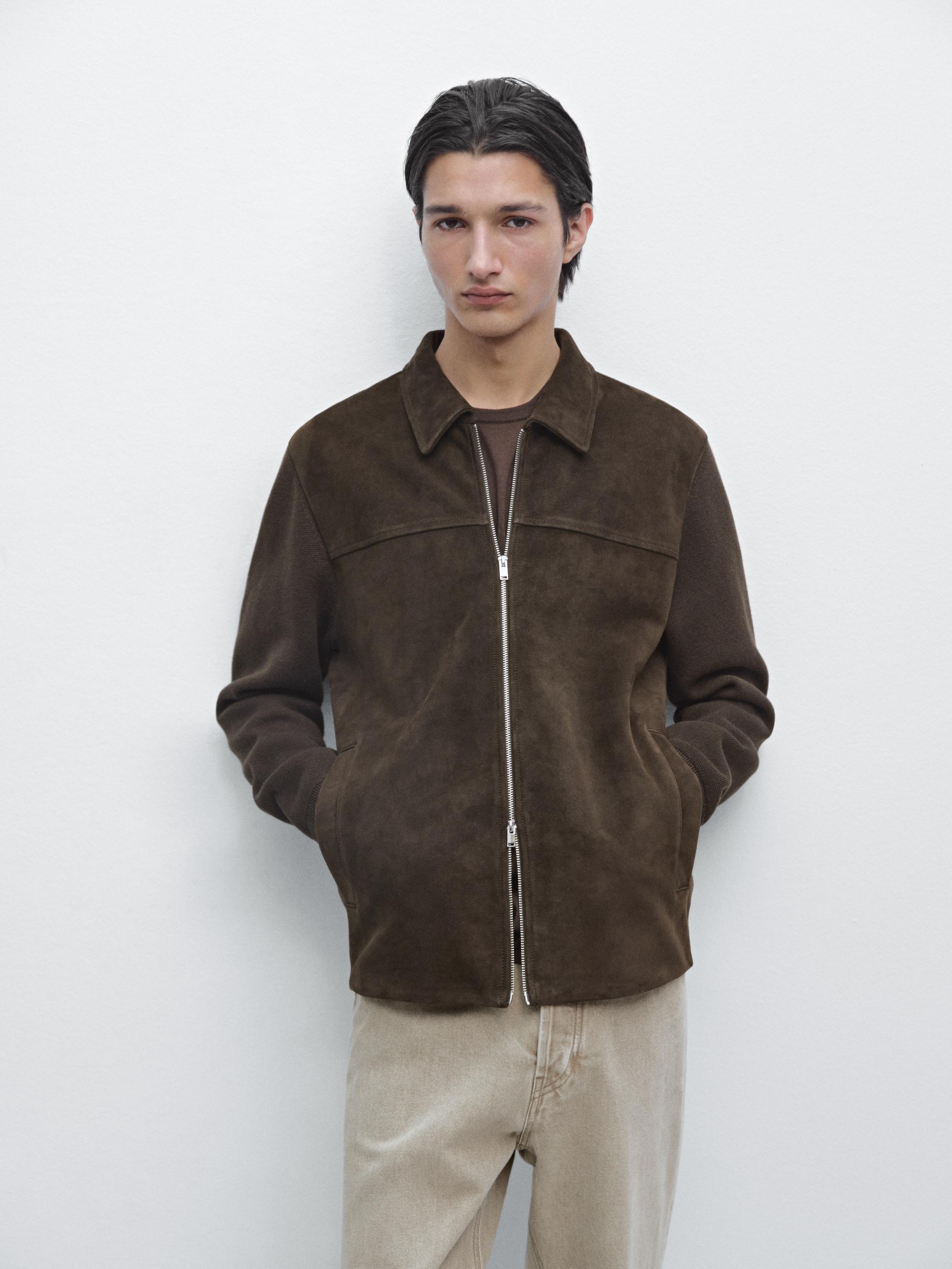 Contrast cotton and leather jacket — BROWN