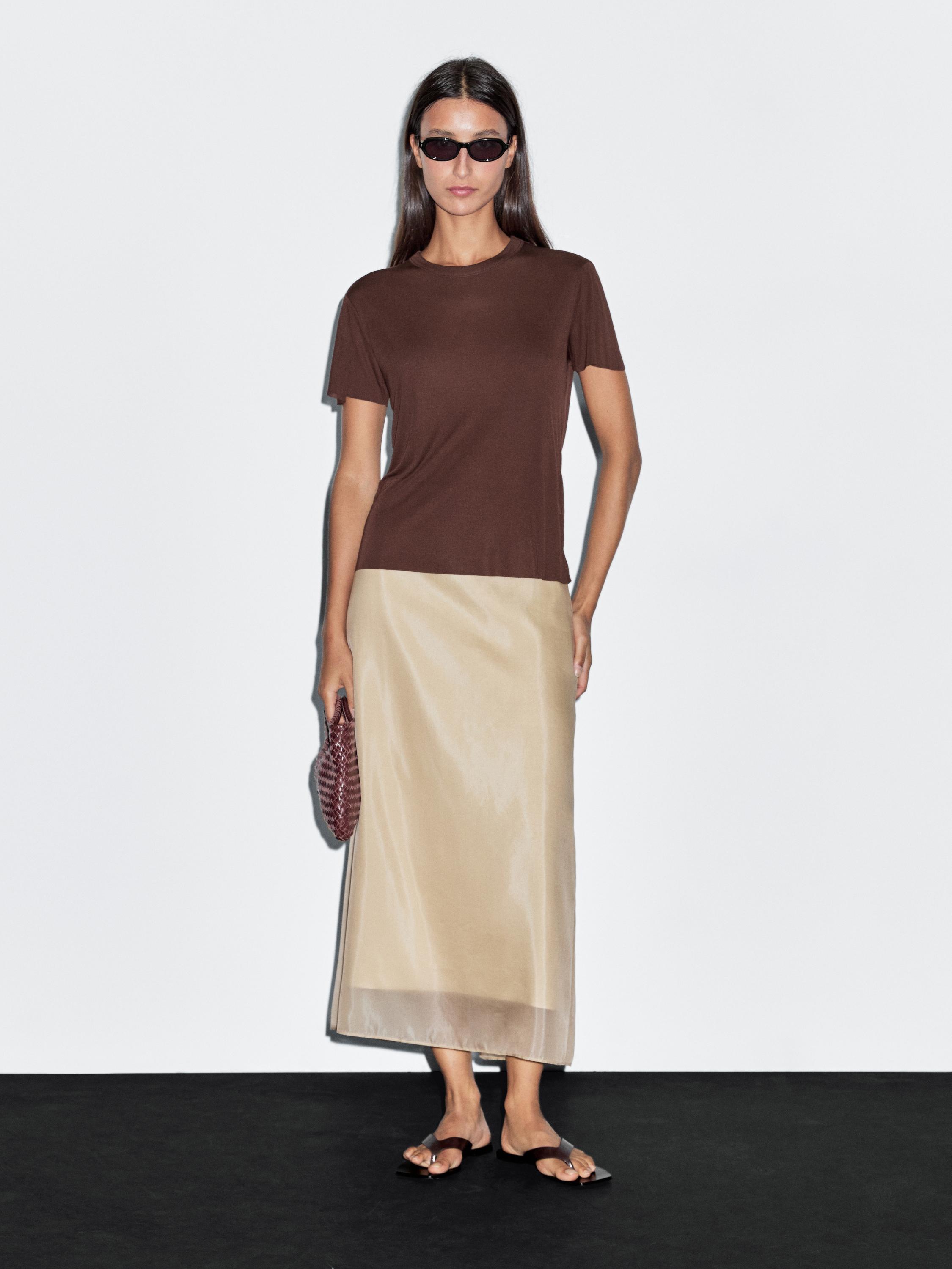 Silk blend double-layer midi skirt