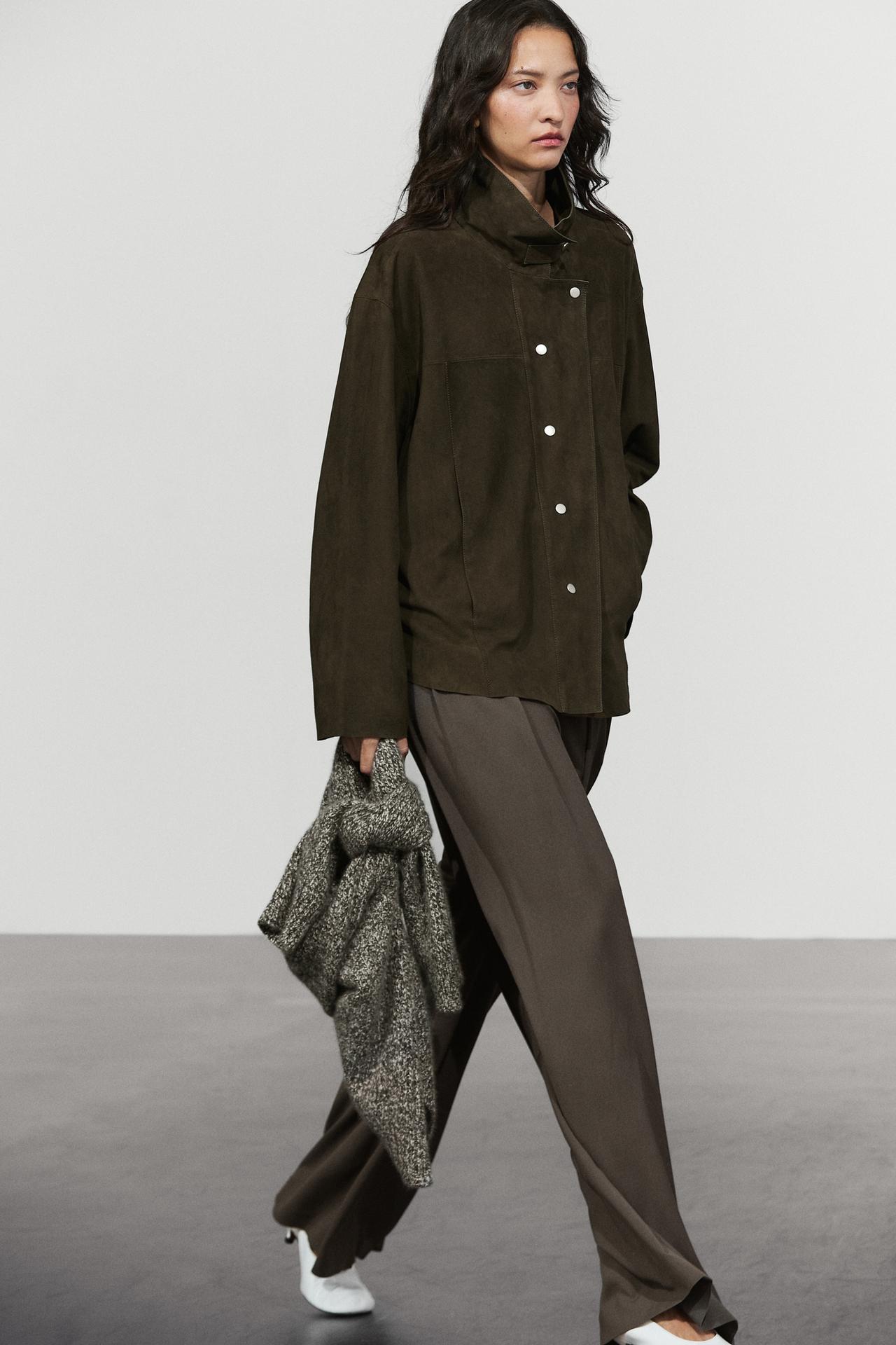 Suede high neck jacket — KHAKI