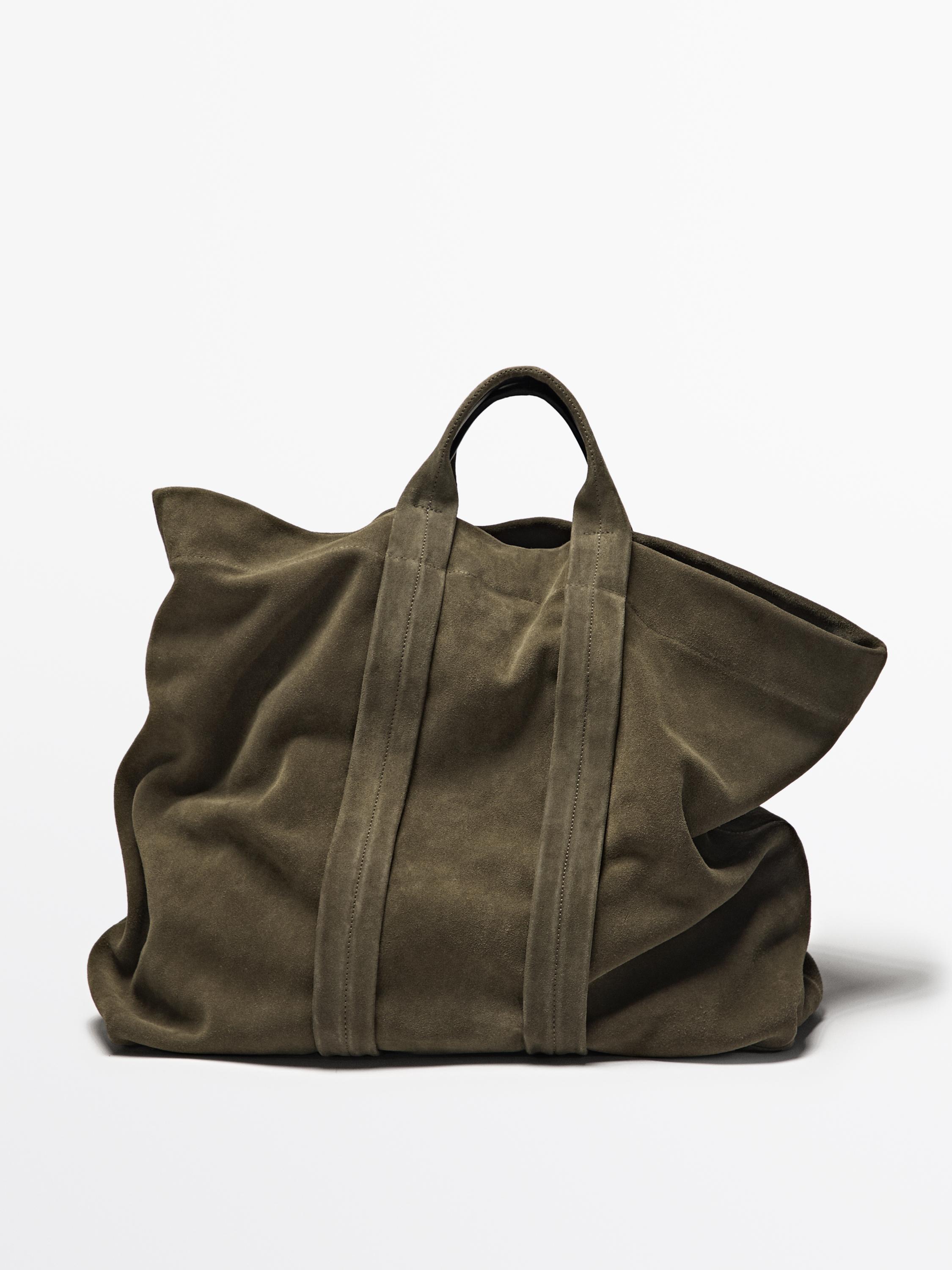 Split suede leather shopper bag · Khaki · Blazers Massimo Dutti