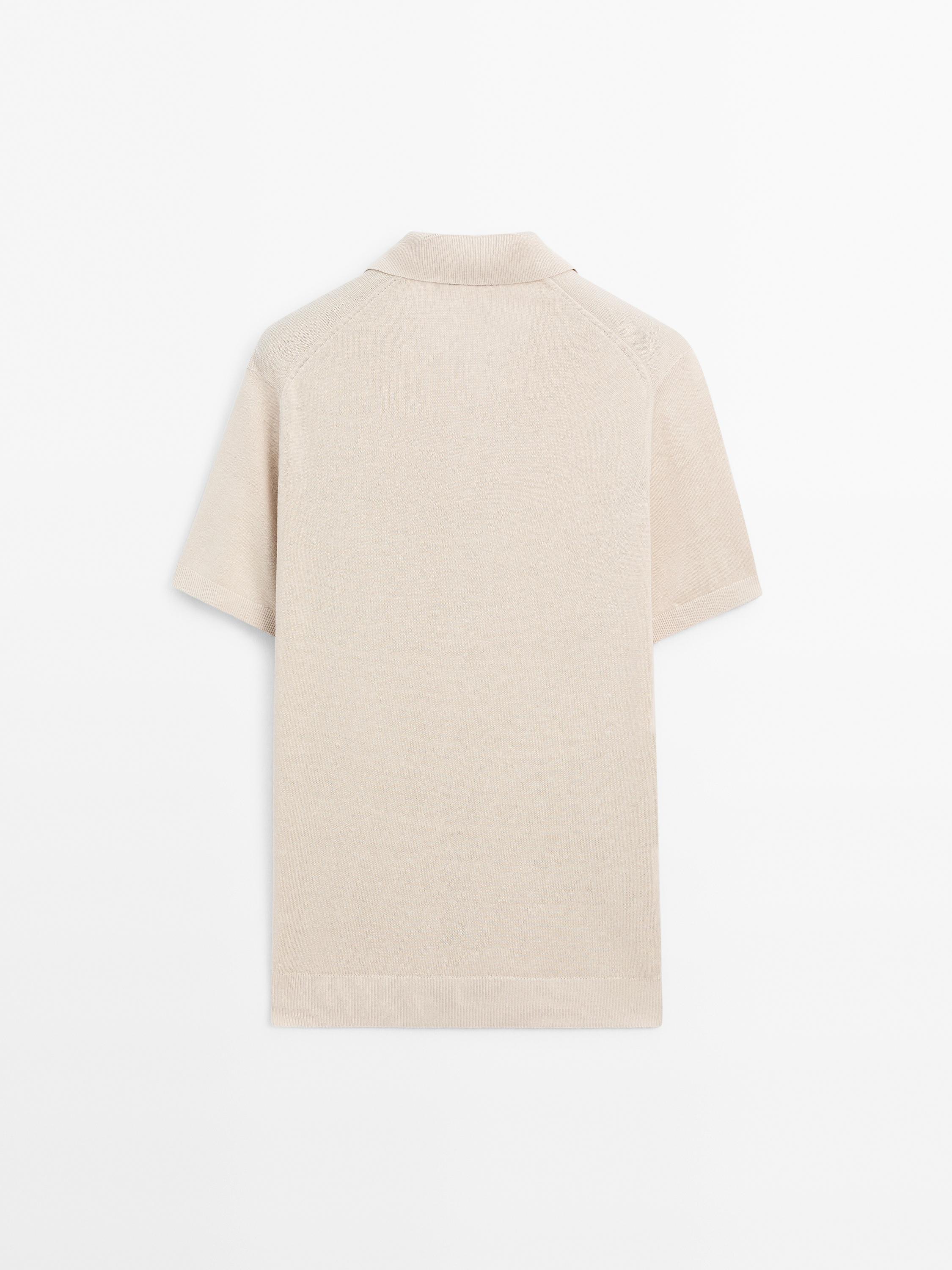 Cotton and linen blend knit V-neck polo shirt