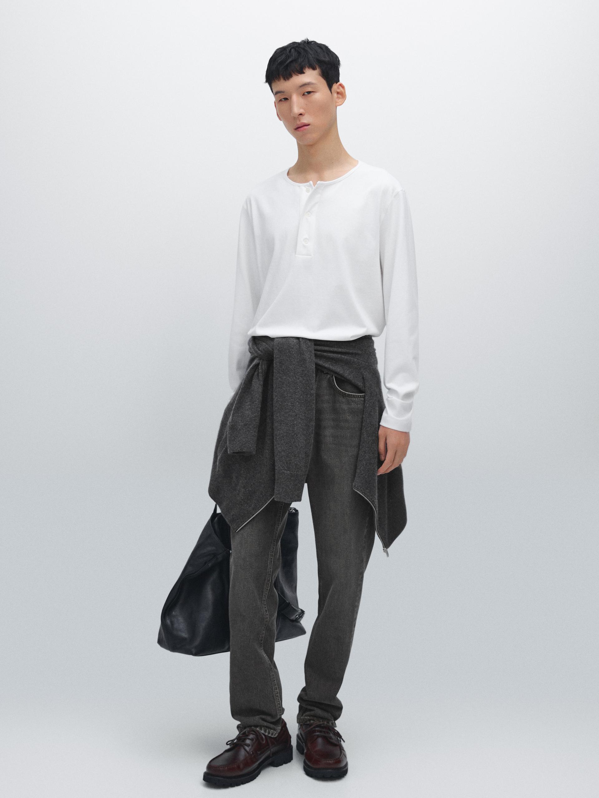 T-Shirt Manches Longues Col Boutonné - Blanc - S - Massimo Dutti - Homme