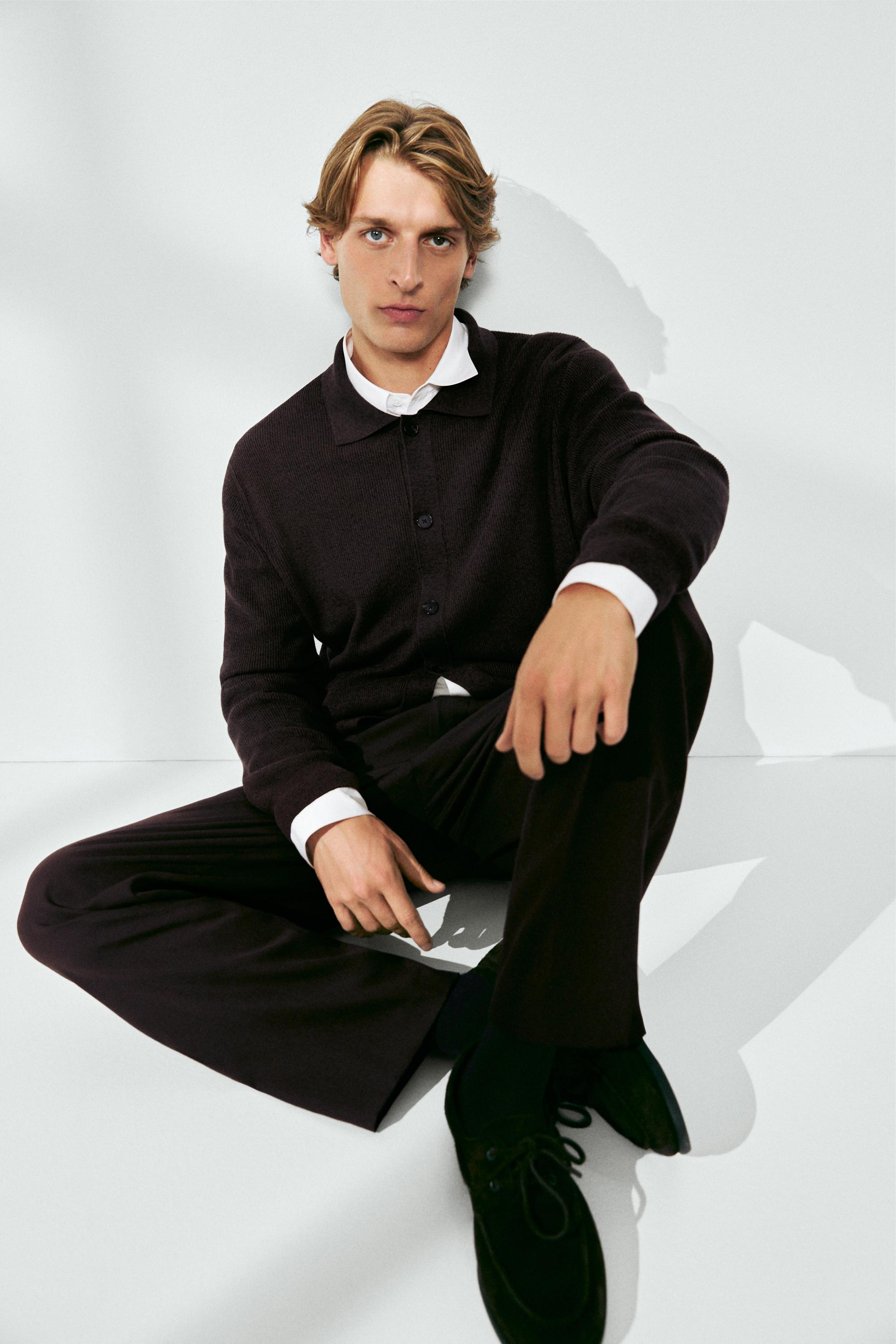 100% cotton polo collar knit cardigan — BROWN