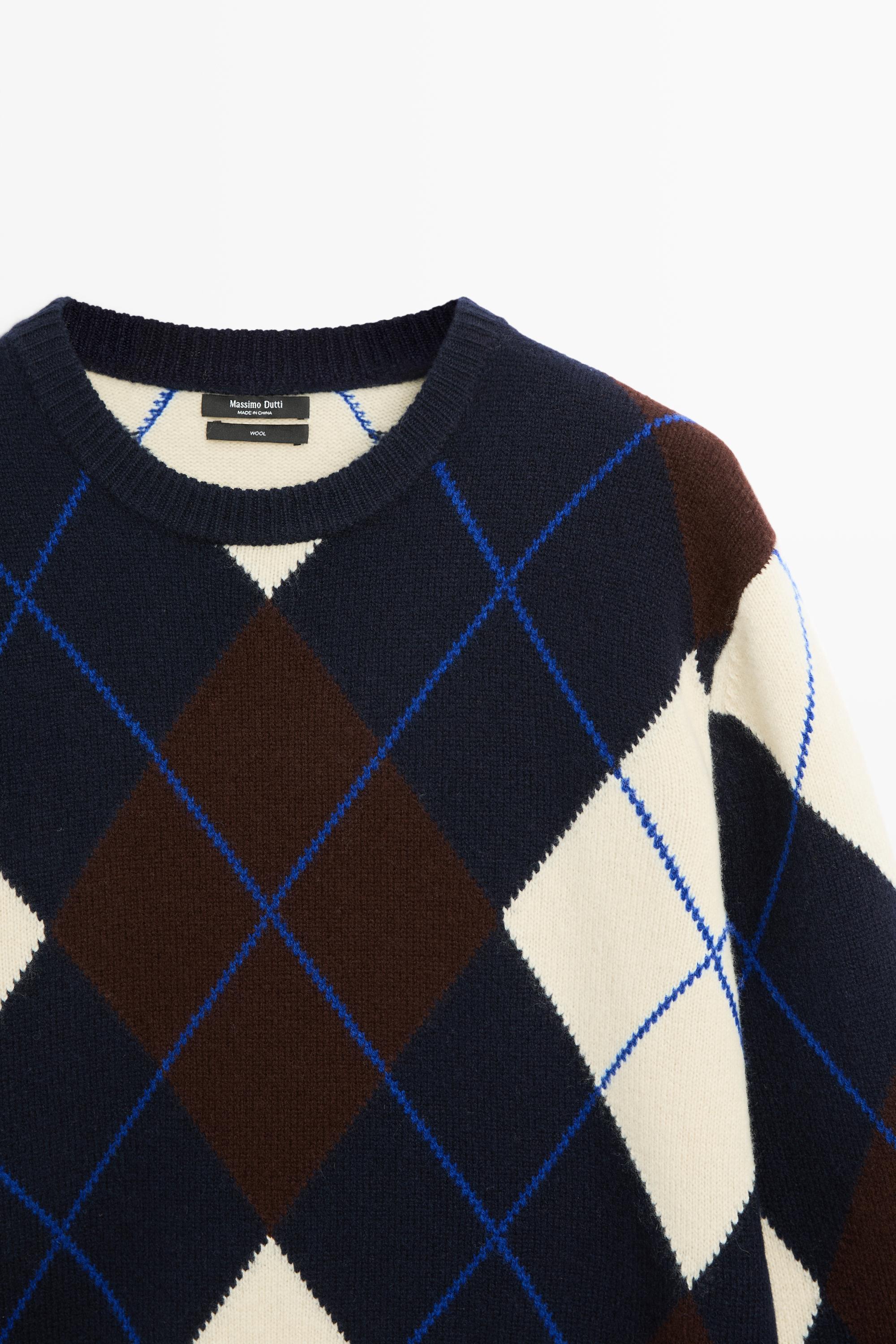 100% wool knit Argyle sweater — NAVY BLUE
