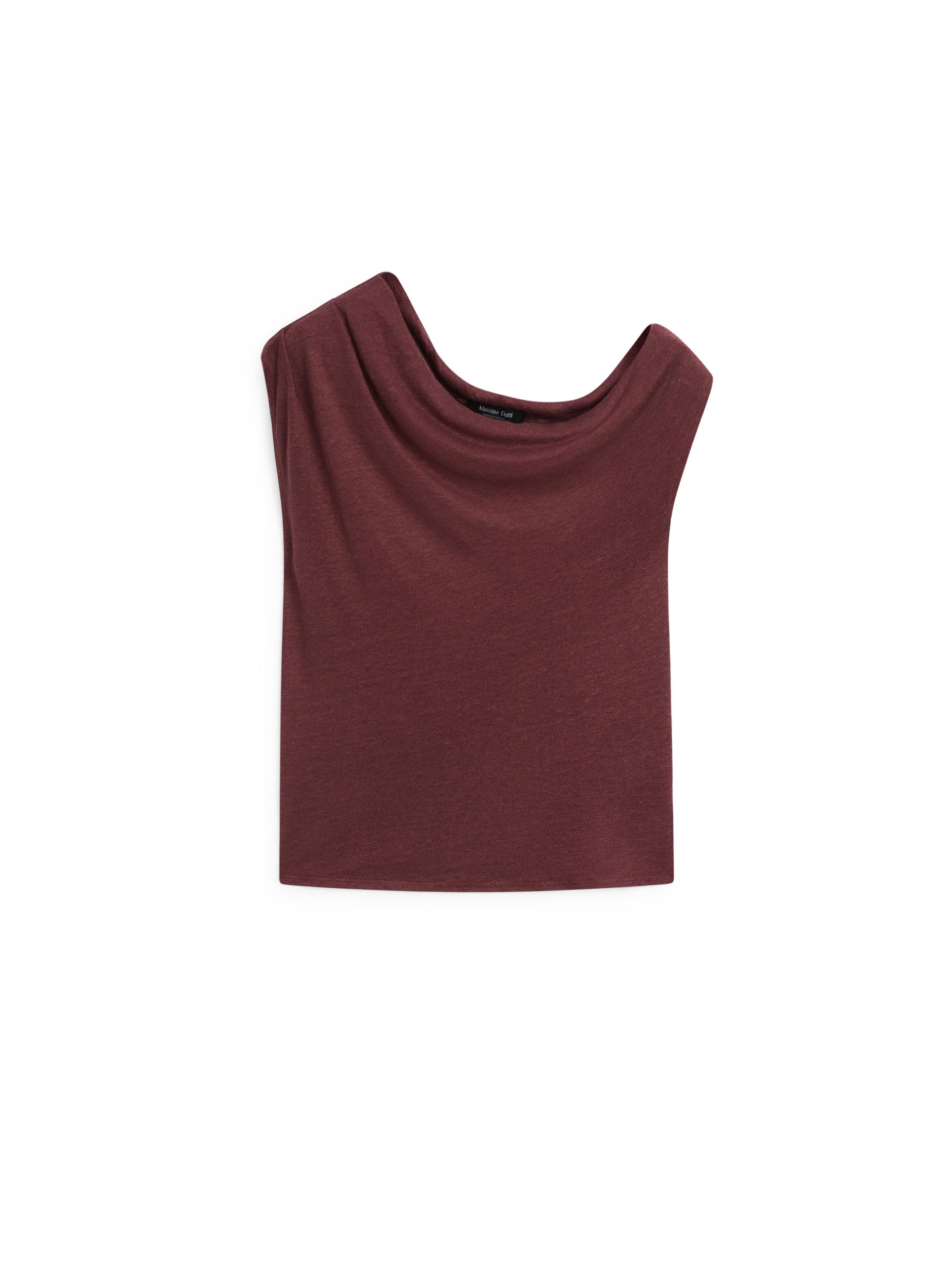 Asymmetric linen blend top with draped detail — BURGUNDY