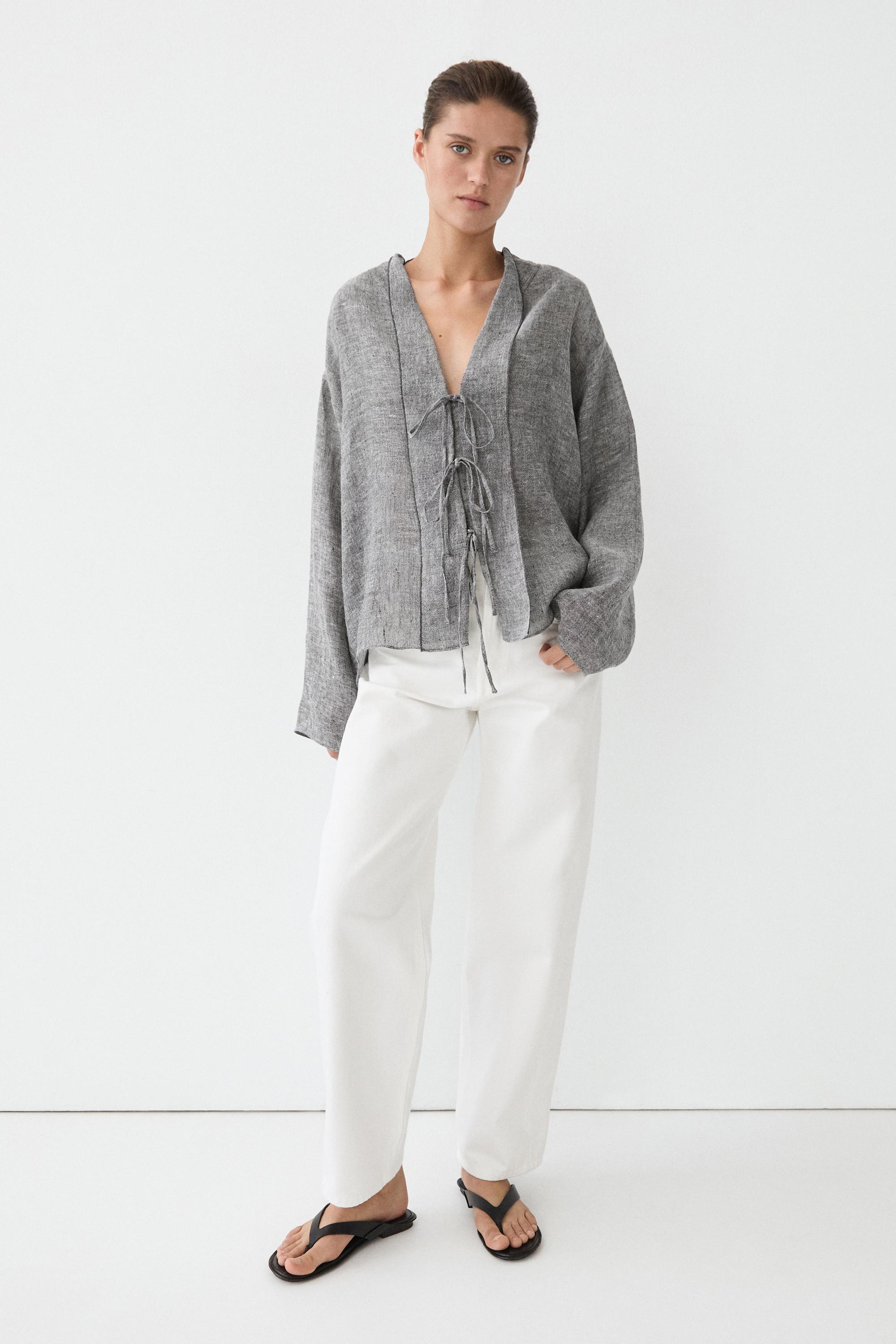 Linen blend blouse with tie details — 0-881