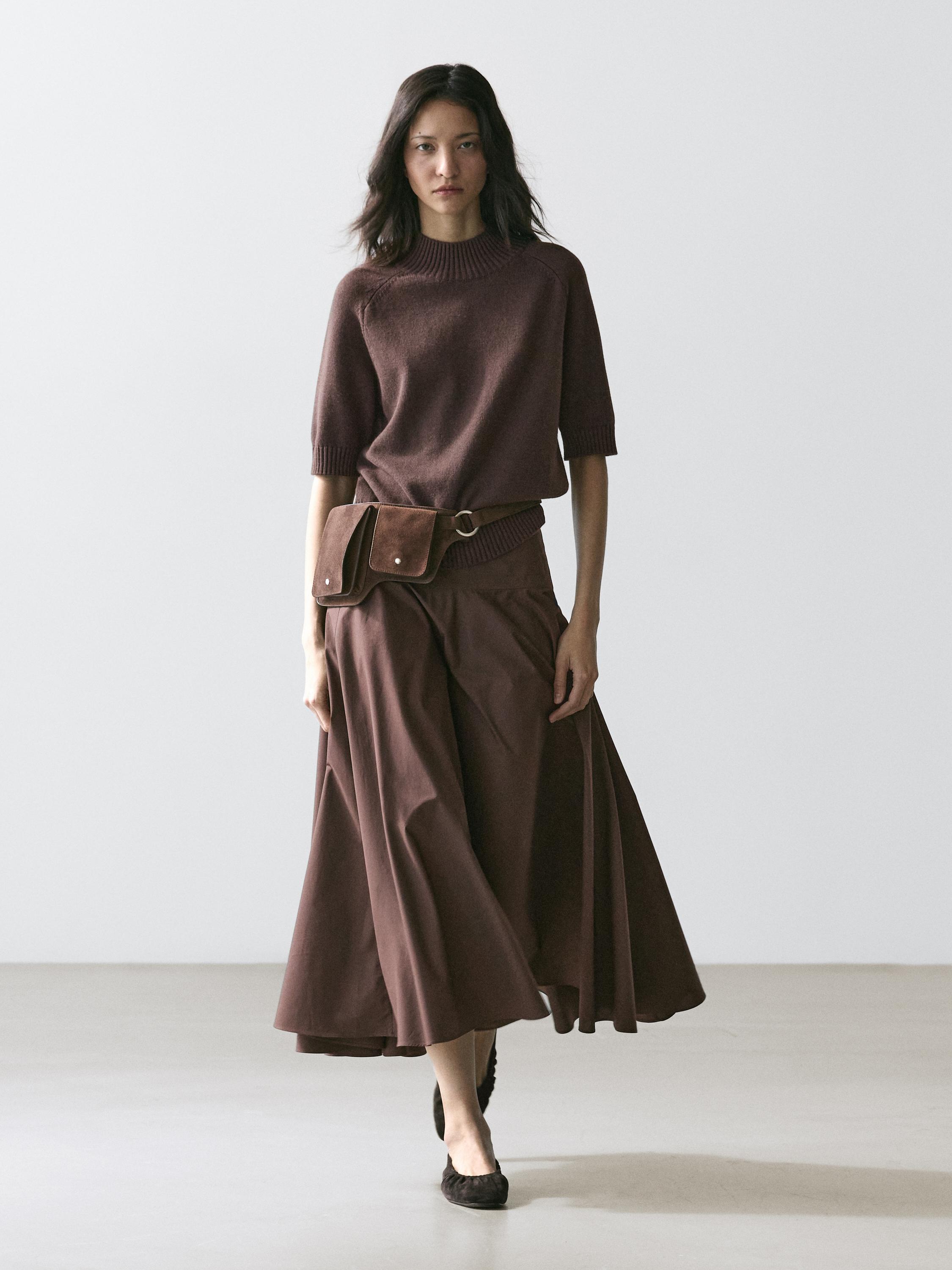 Midi skirt with sash belt and seam details — BROWN