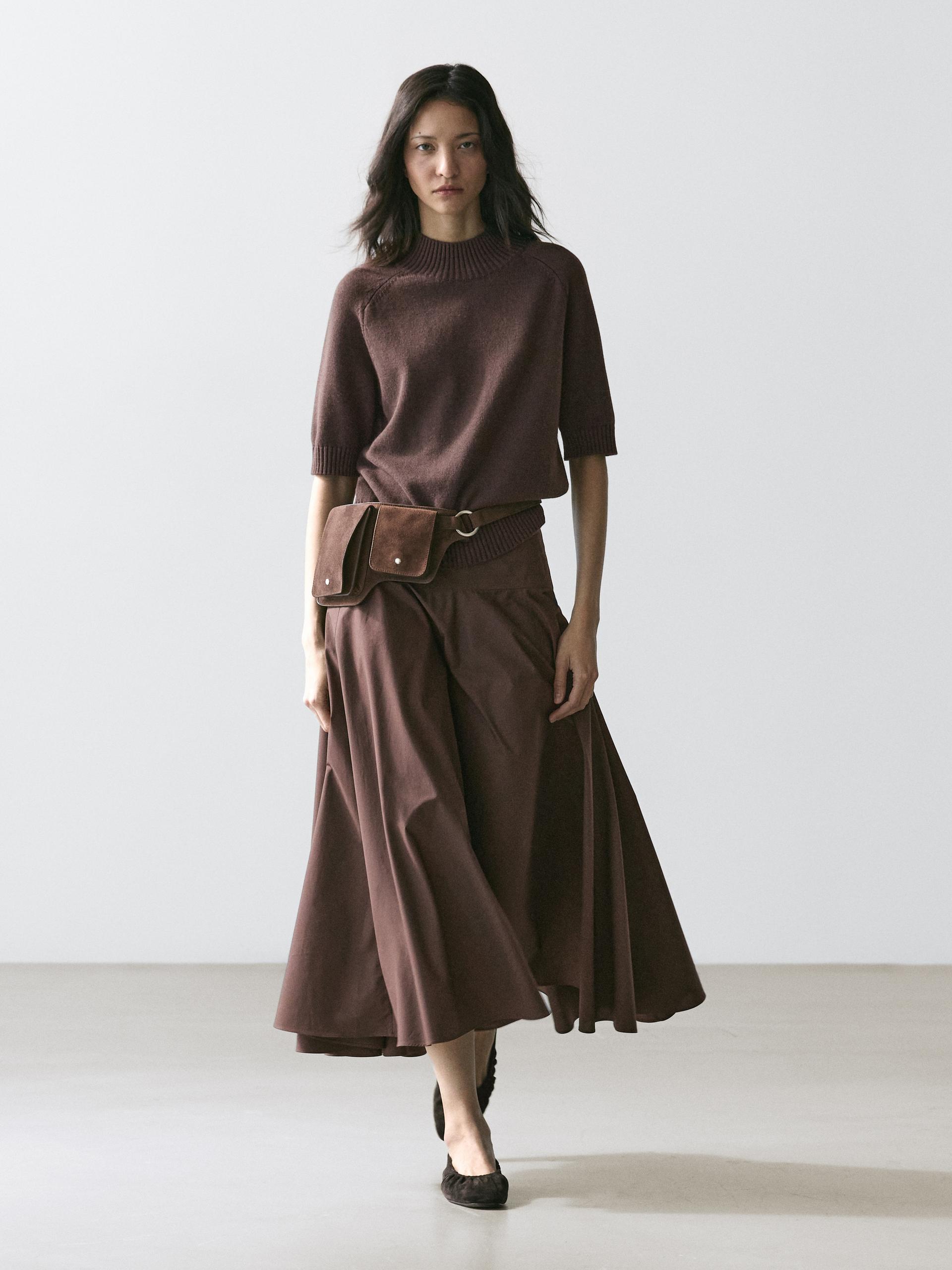 Jupe Midi Ceinture Détail Coutures - Marron - 36 - Massimo Dutti - Femme