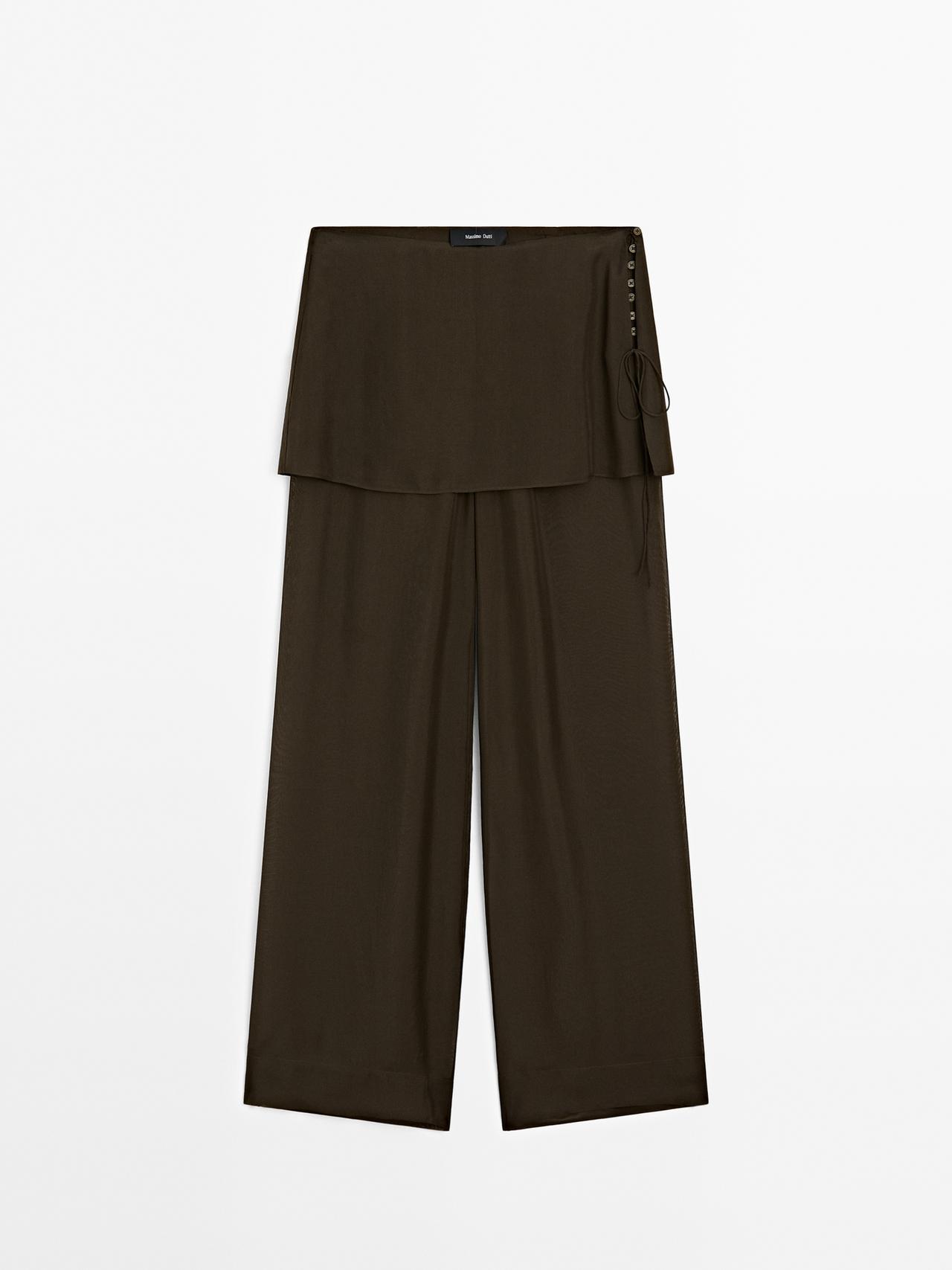 Massimo Dutti - Dame - Kombinerede, Loose Fit Bukser I 100 % Silke - Kaki - 42