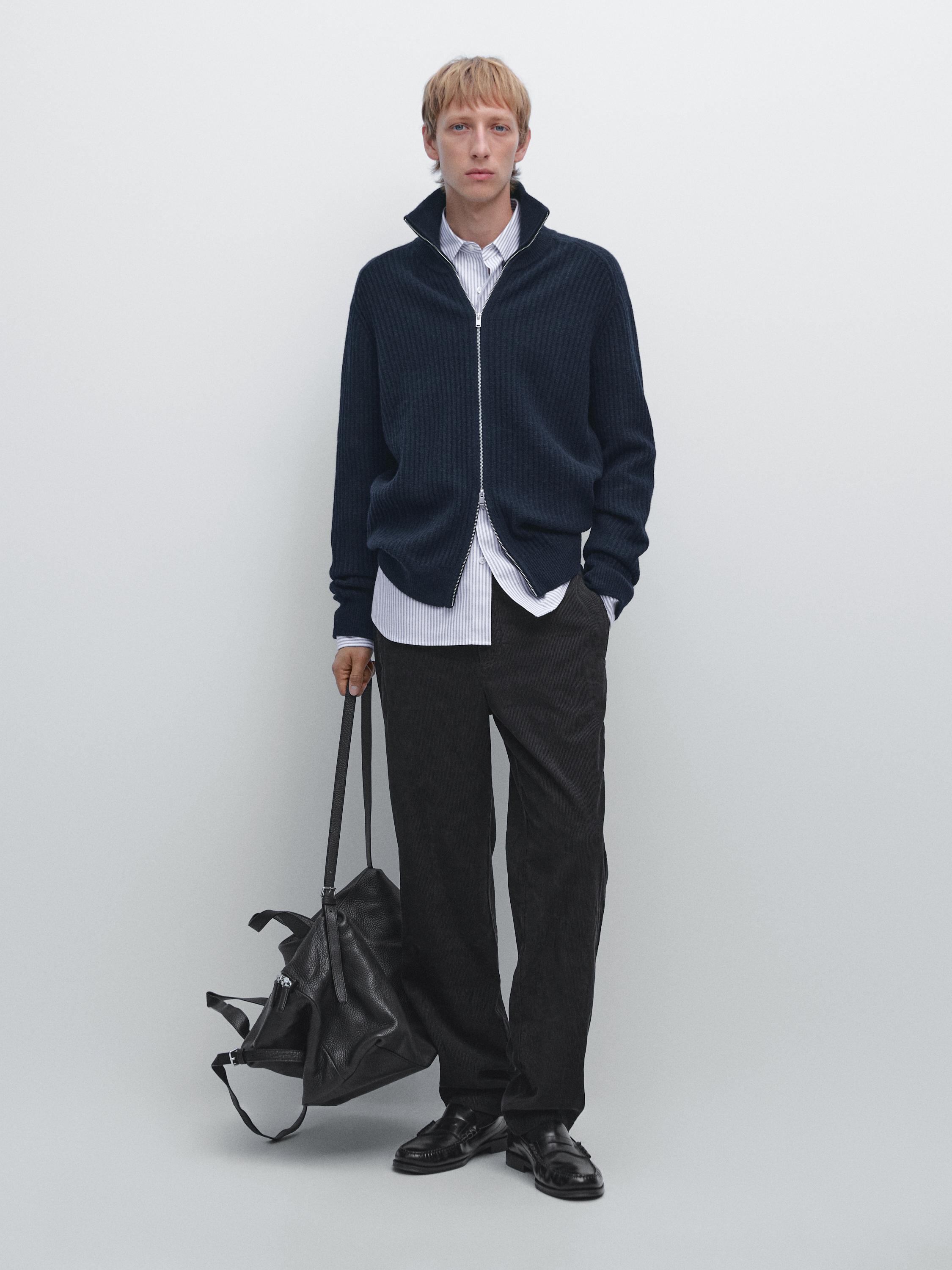 Wool blend zip-up knit cardigan