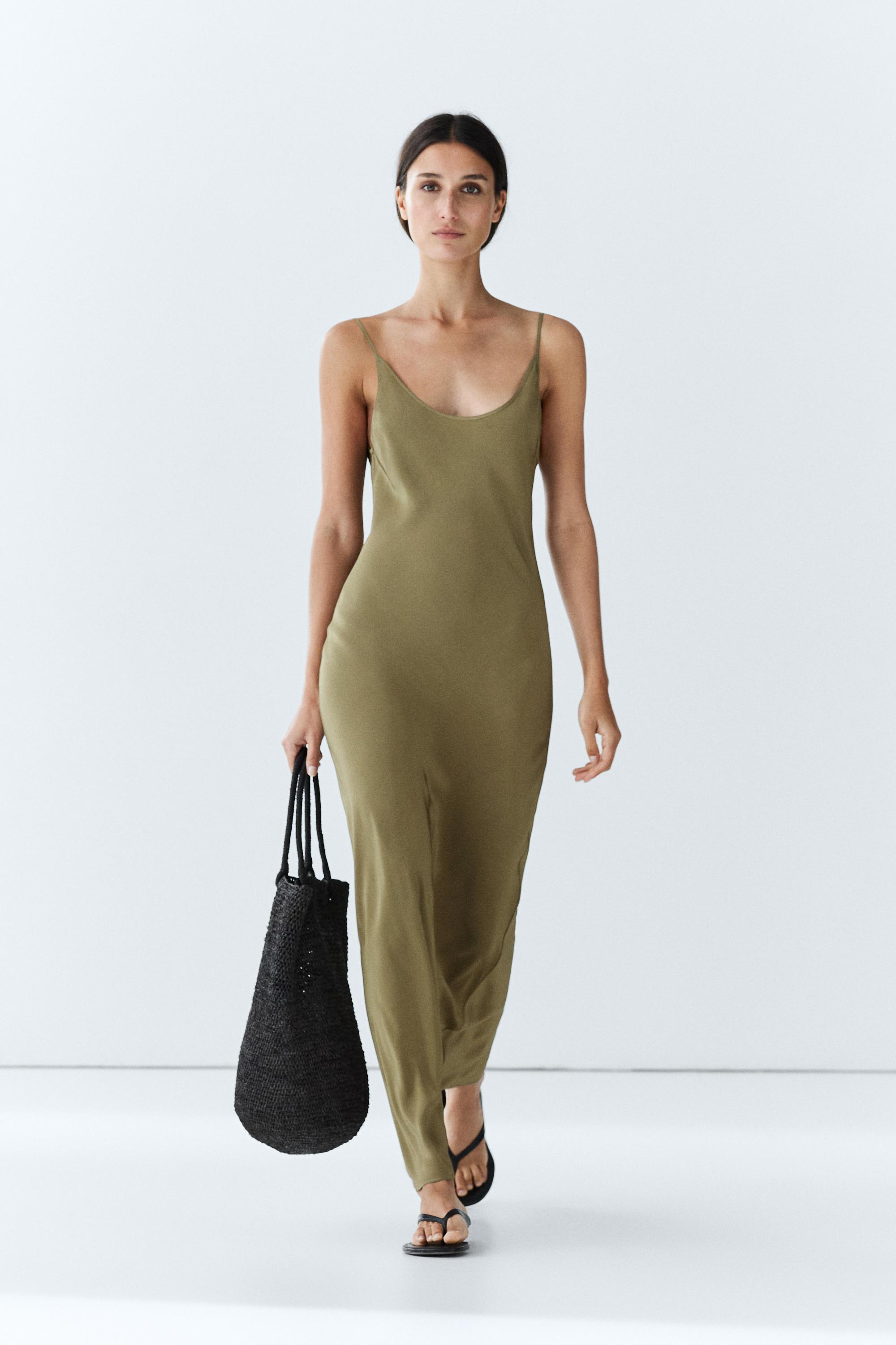 Spaghetti Strap Lingerie Midi Dress - Green - M - Massimo Dutti