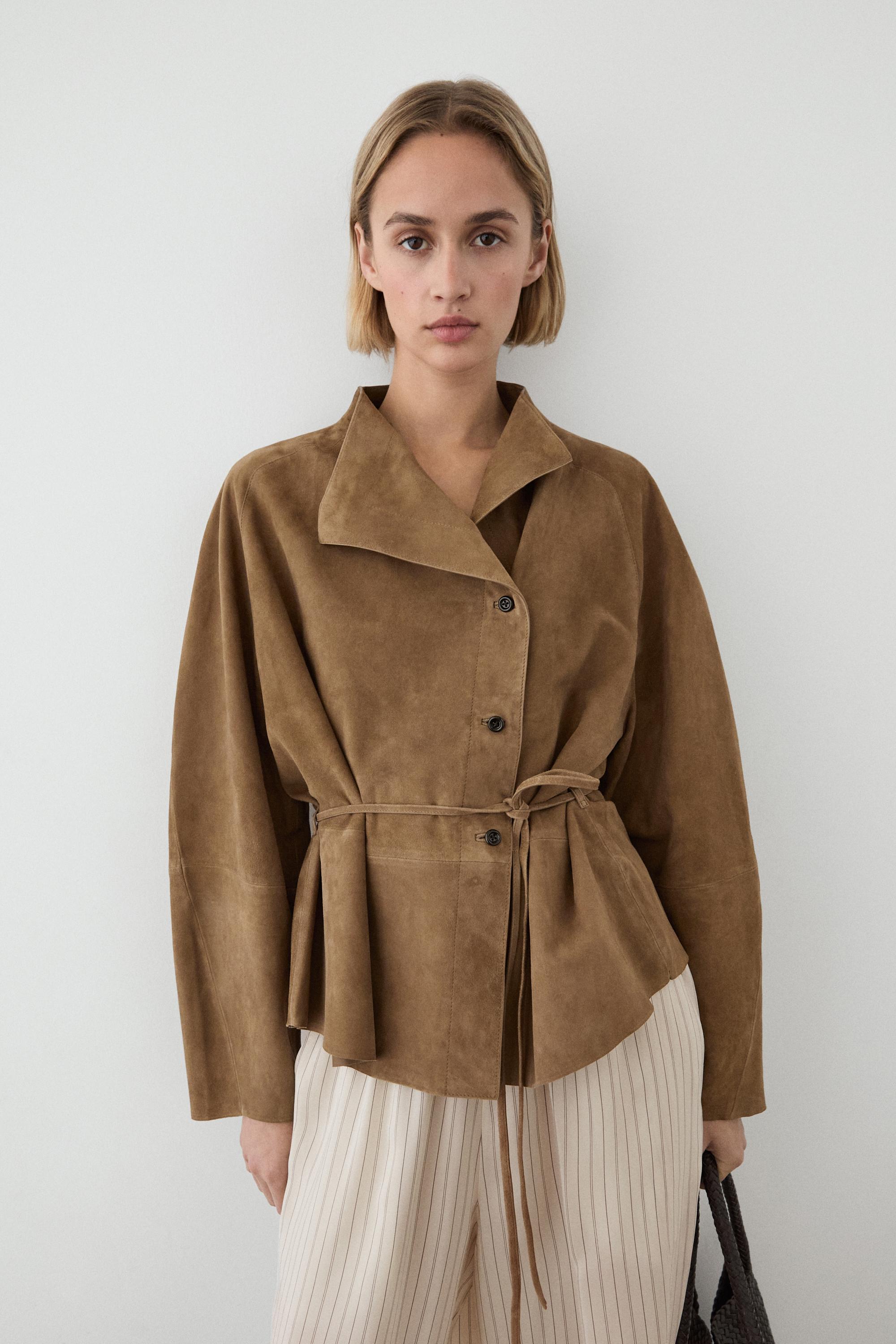 Suede leather jacket with drawstring — SAND