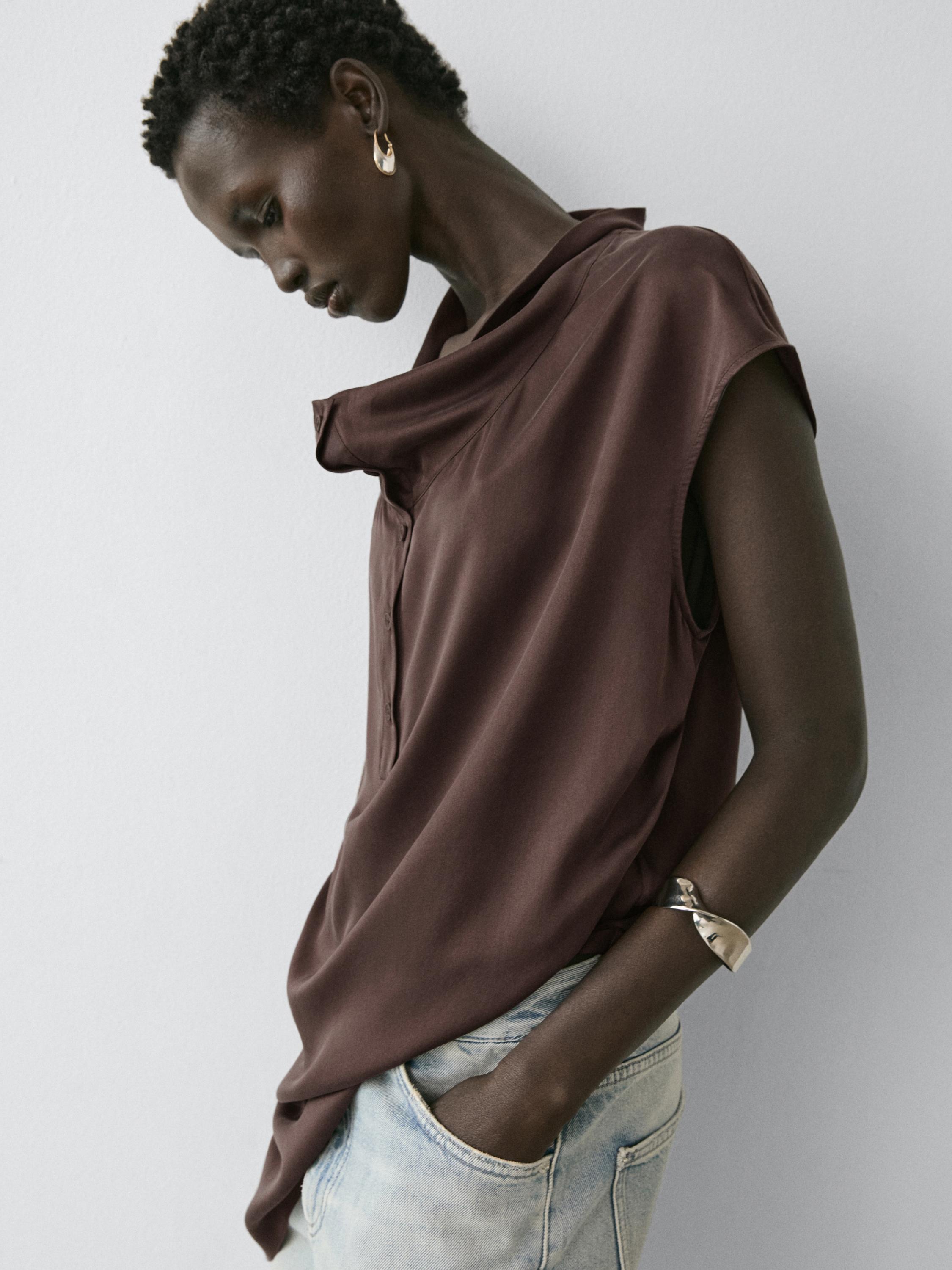 Asymmetric draped top — BROWN