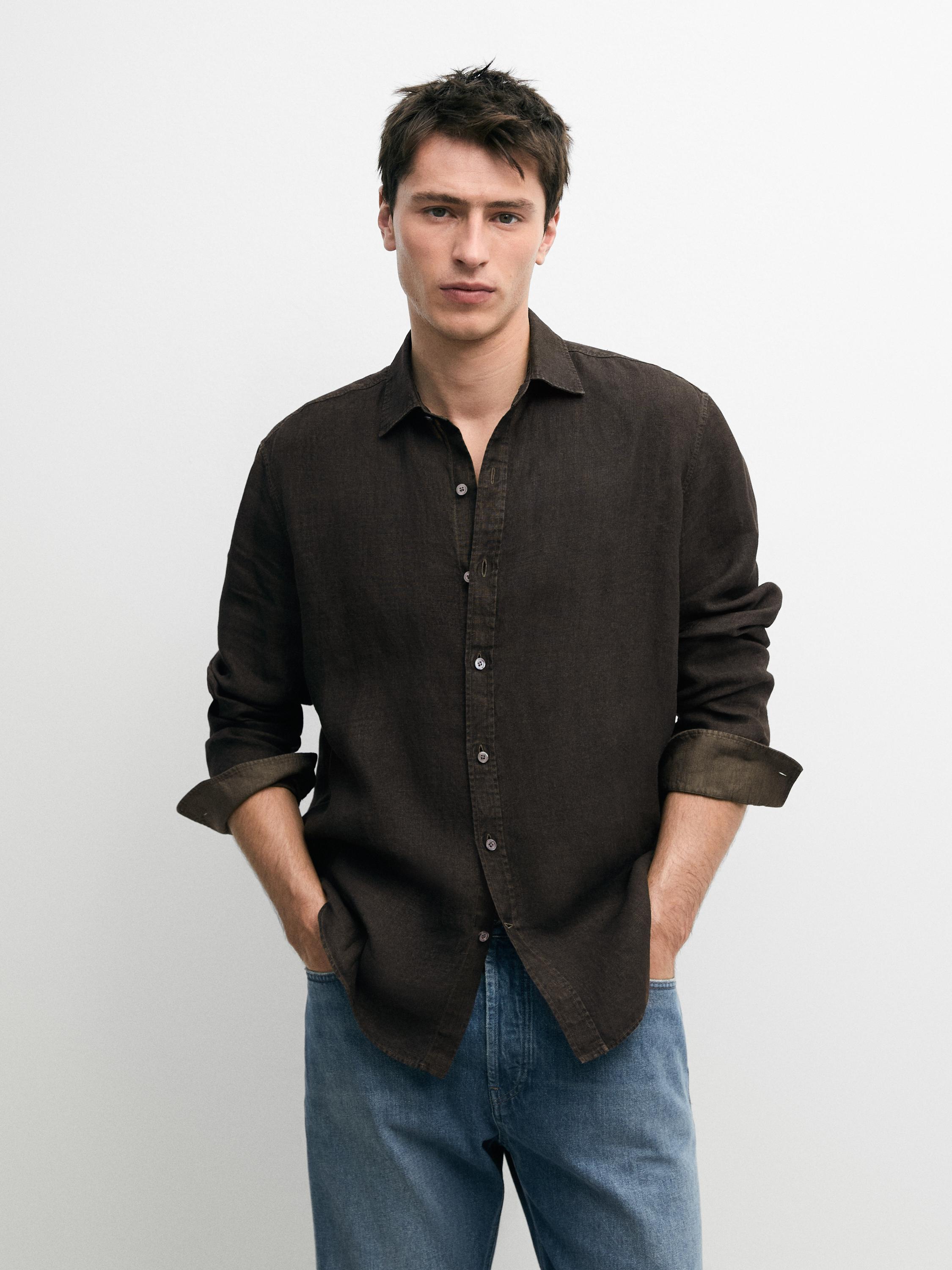 100% linen regular fit shirt — Khaki