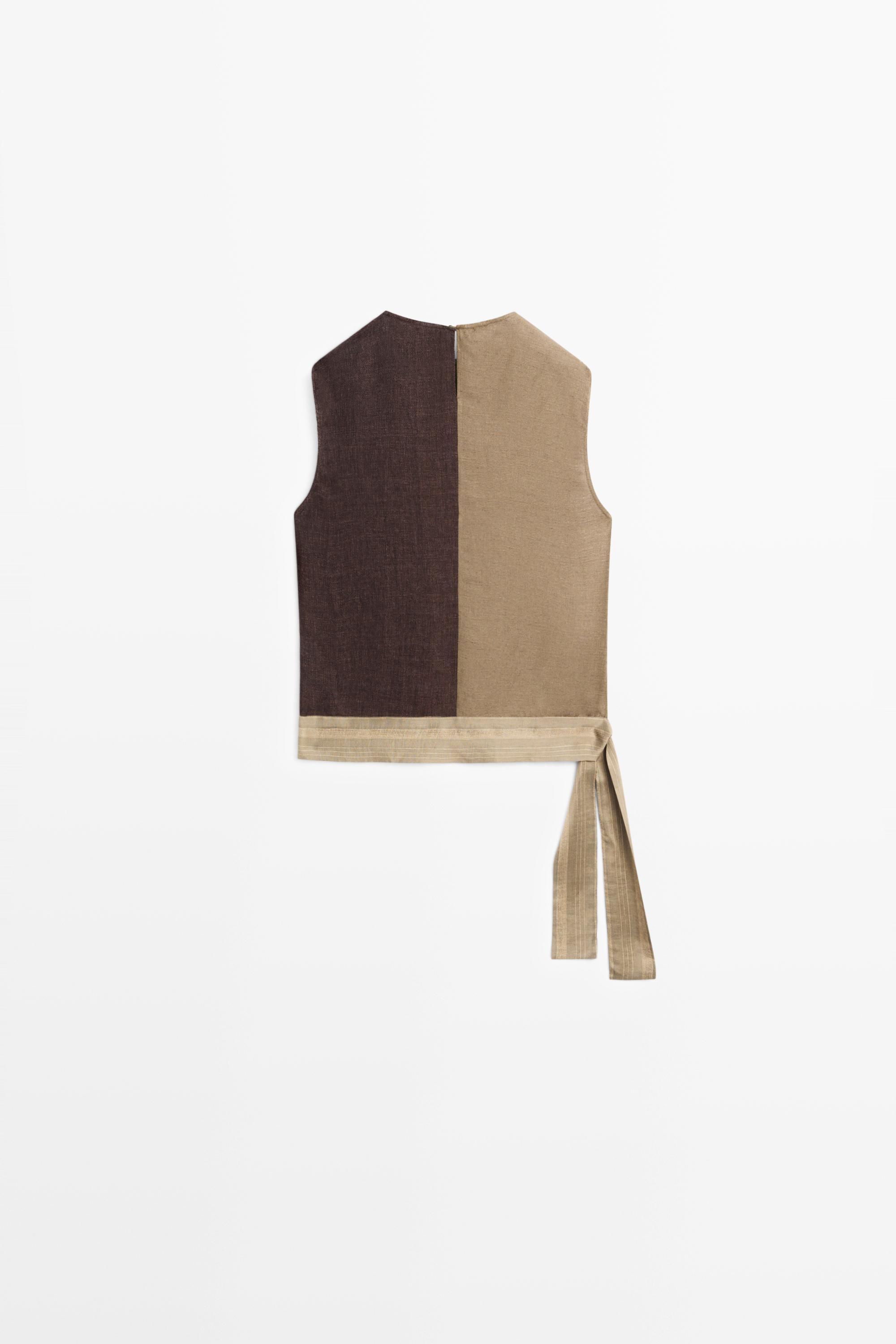 Linen-blend color-block flowing top — BROWN