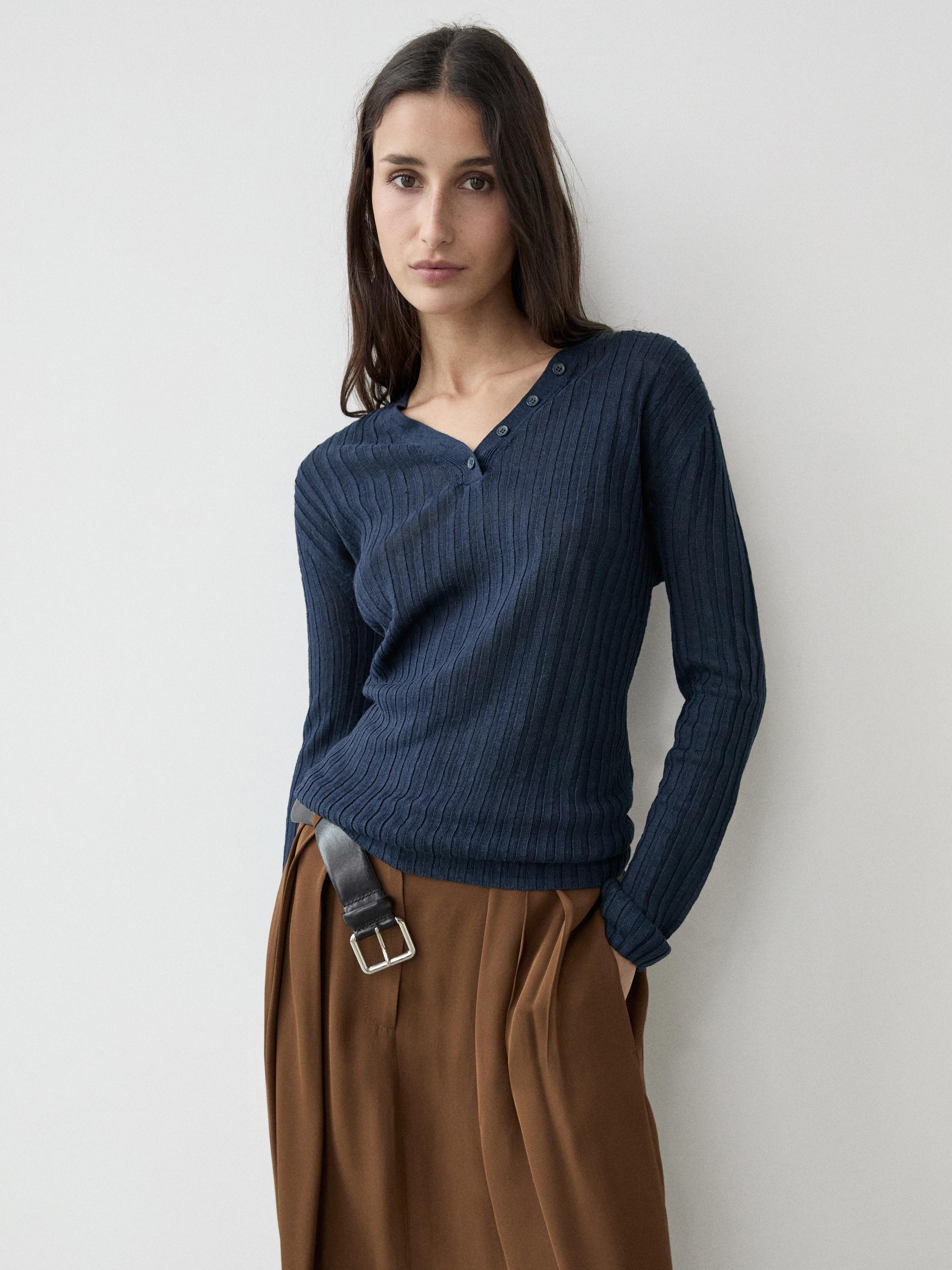 100% linen knit sweater with button details — INK BLUE