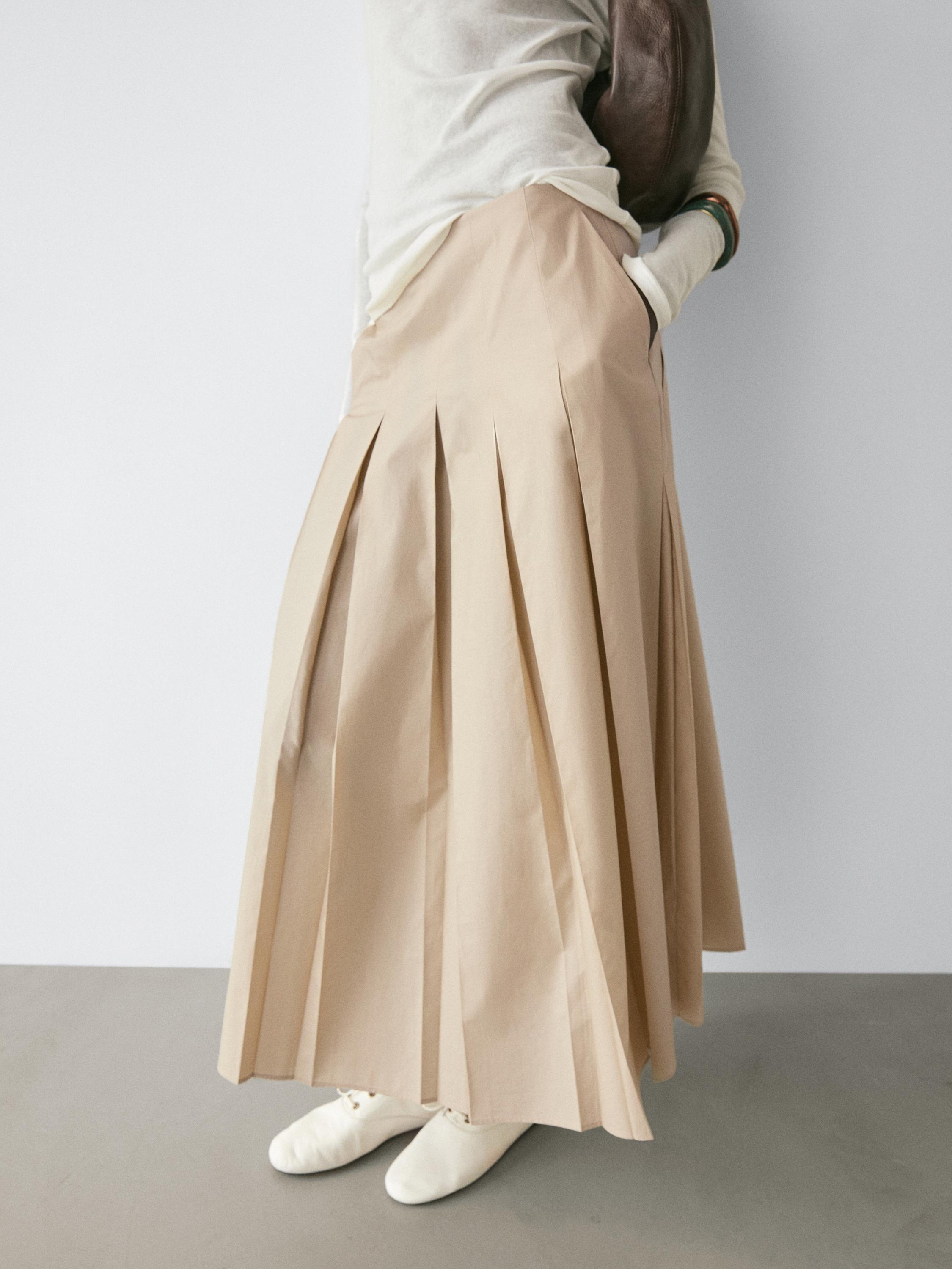 Cotton box pleat midi skirt — SAND