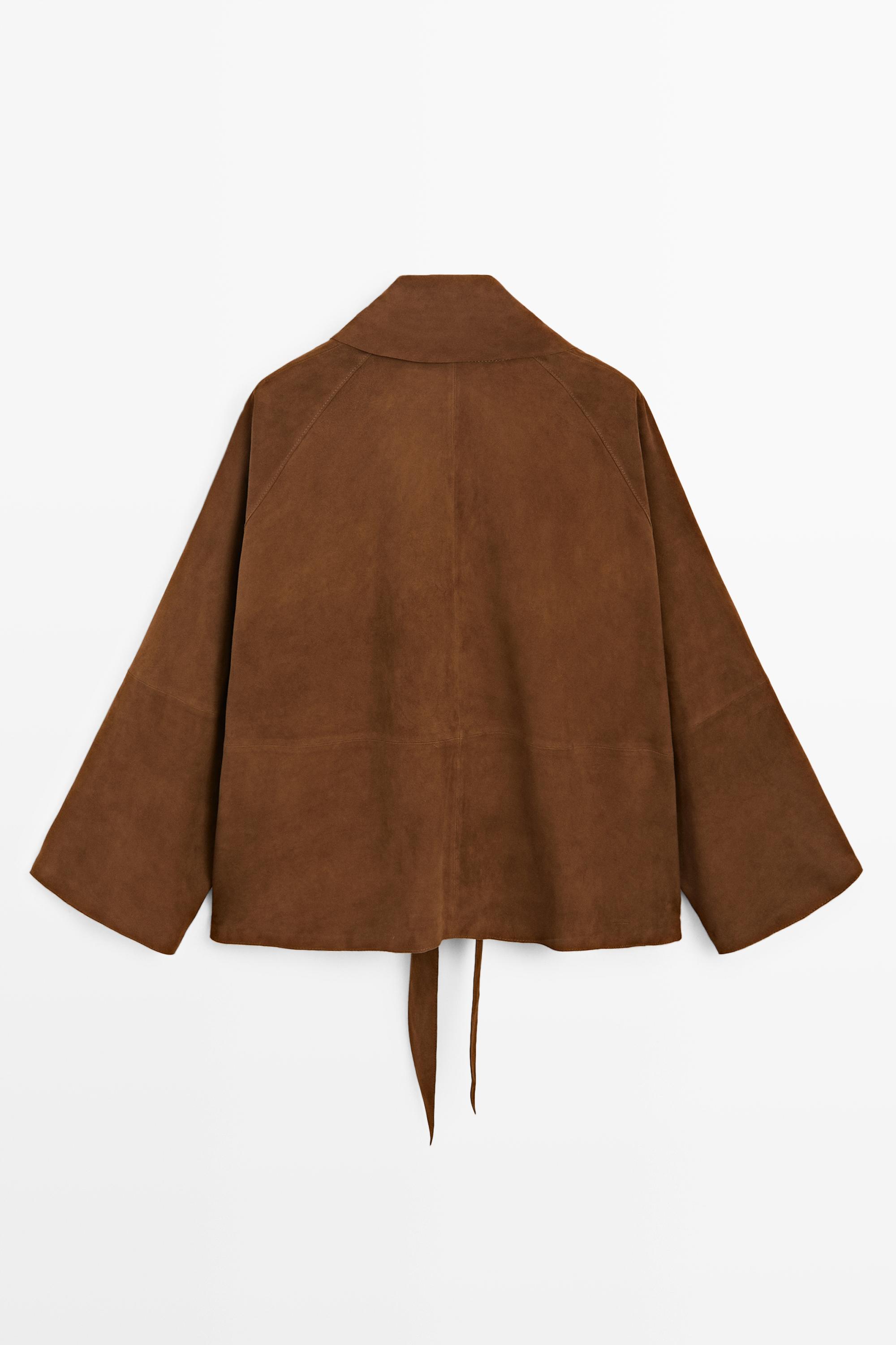 Suede leather wrap kimono — BROWN