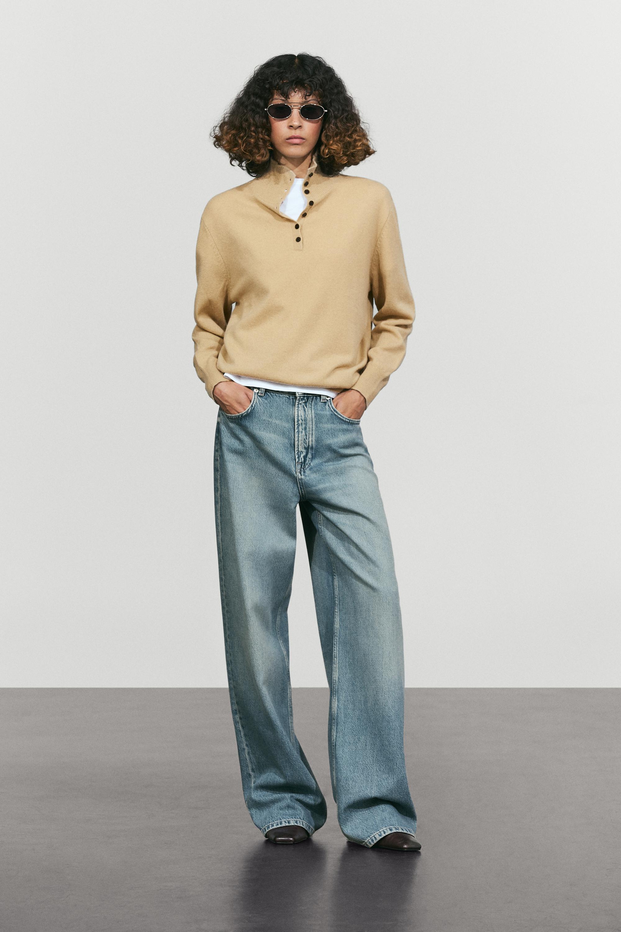 High neck knit sweater with button detail — CAMEL