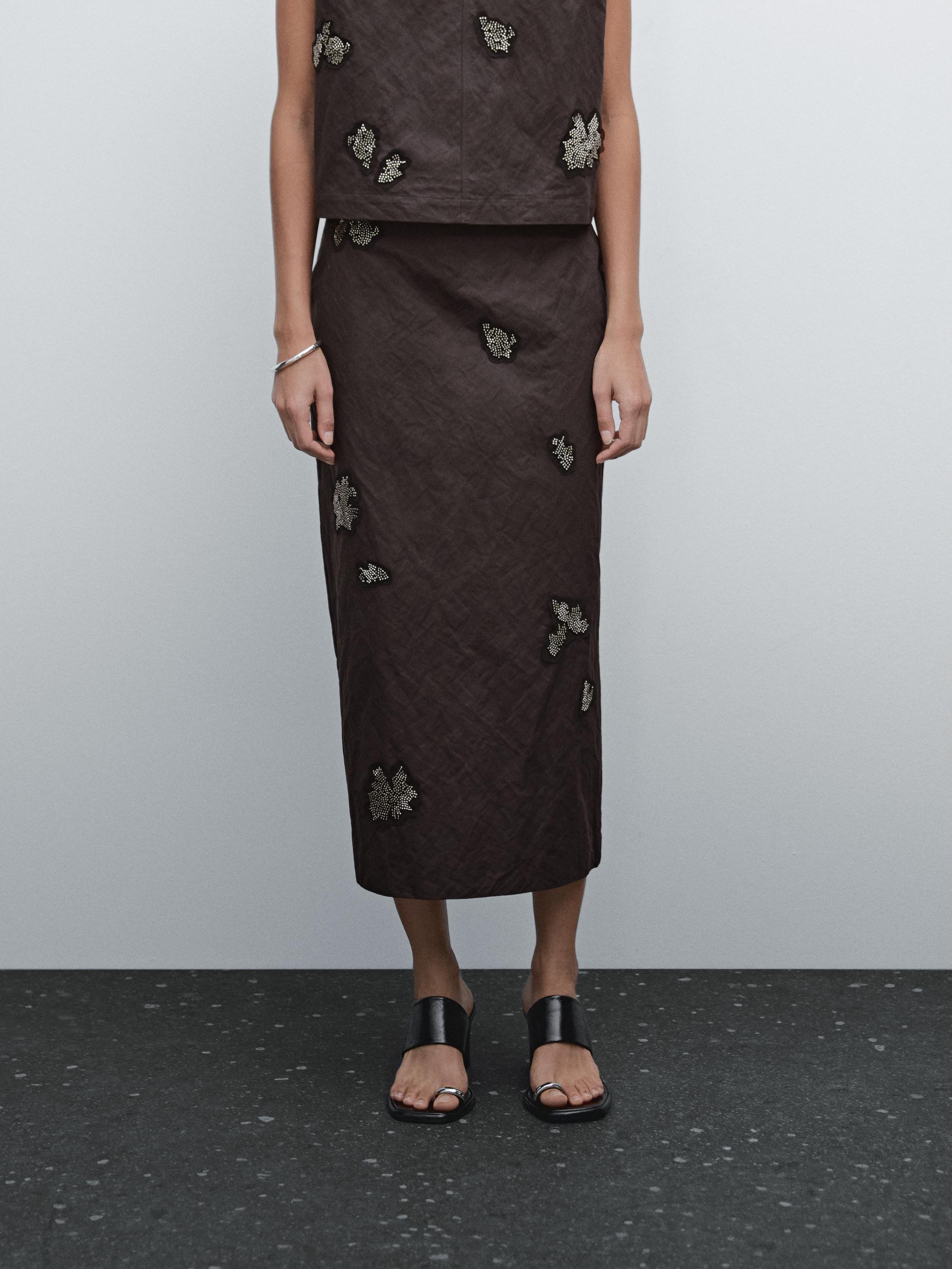 Jupe midi à strass en coton mélangé