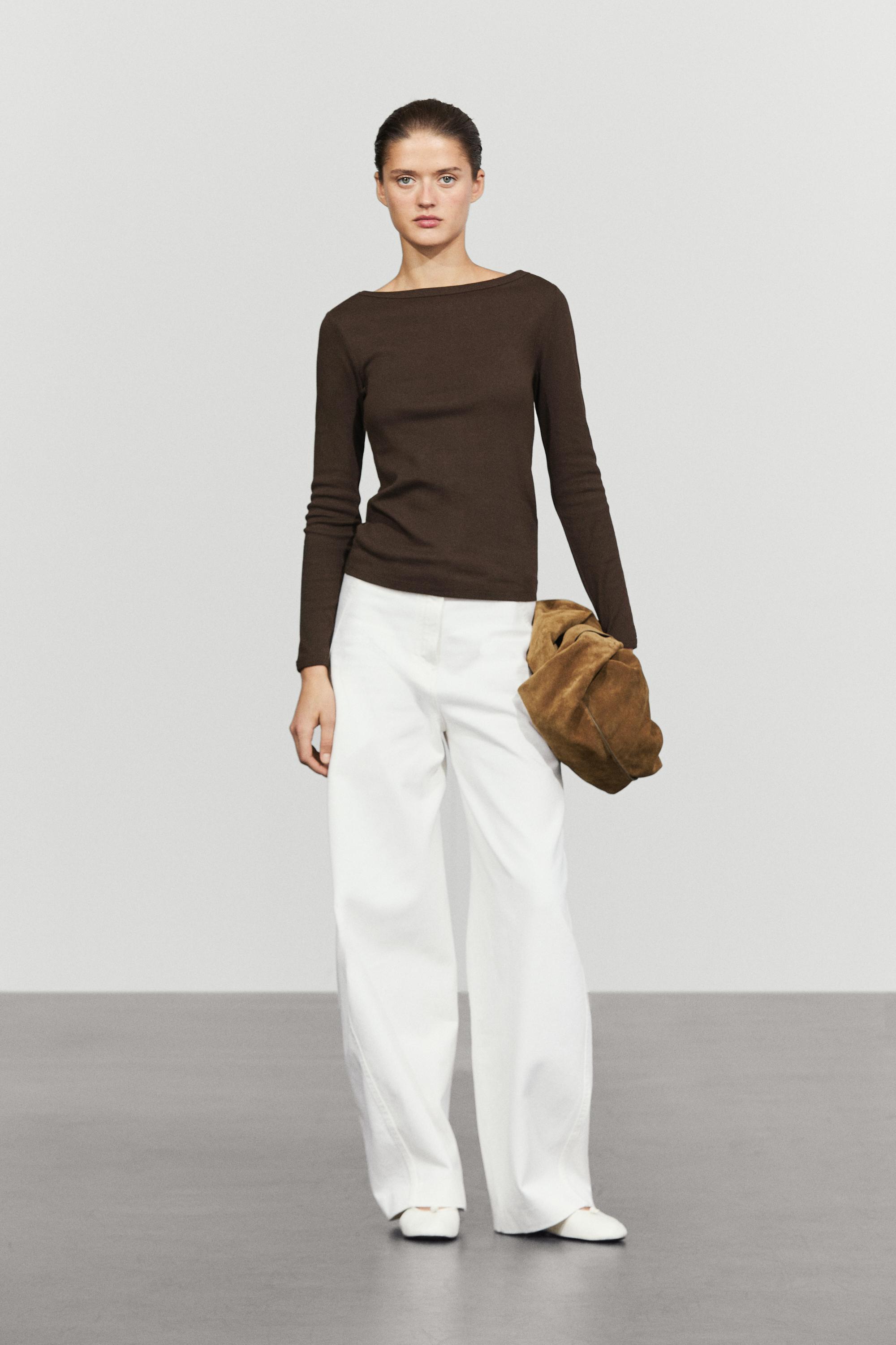 Long Sleeve Boat Neck T-shirt — BROWN