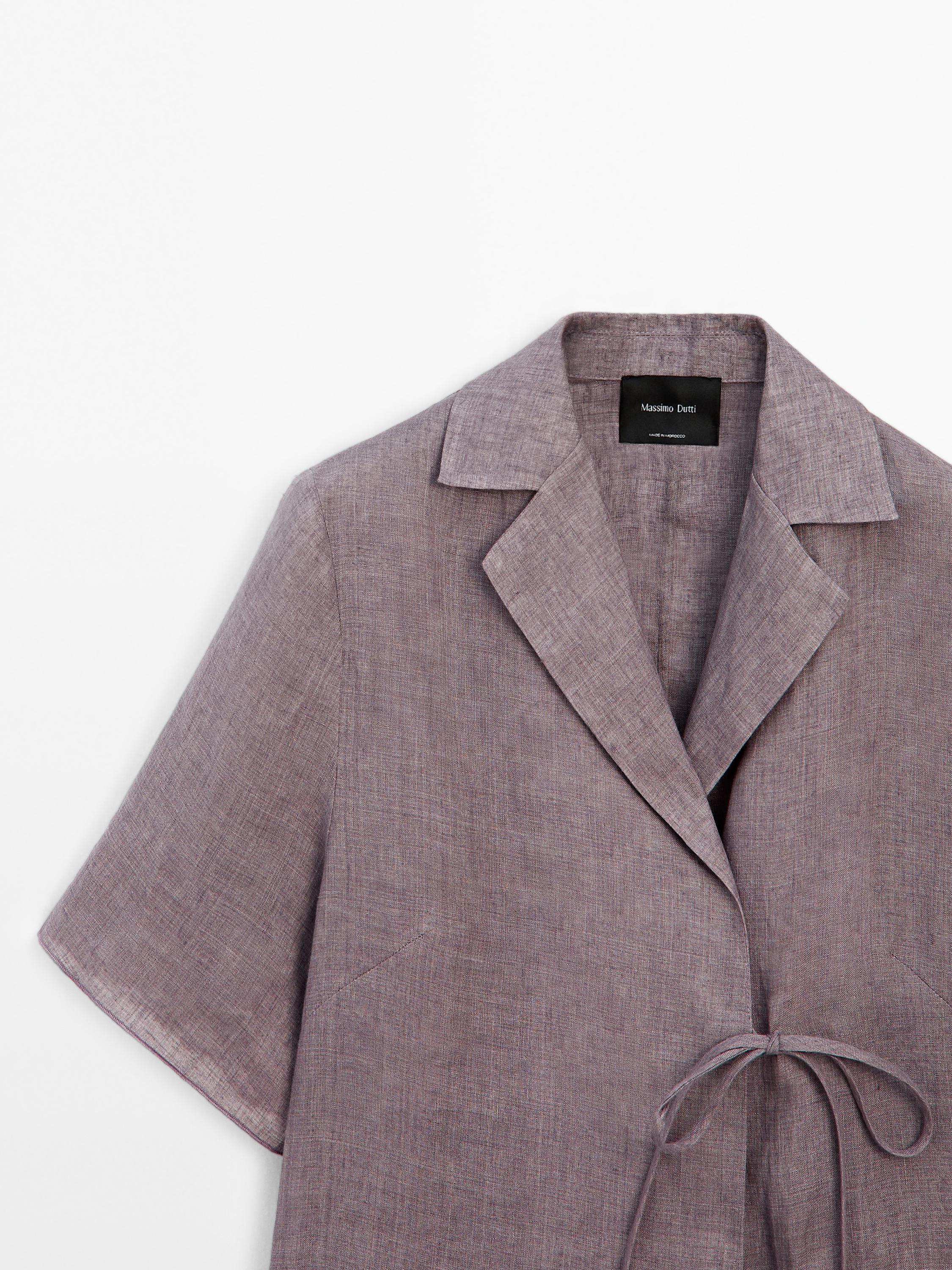 Short sleeve linen shirt with tie detail