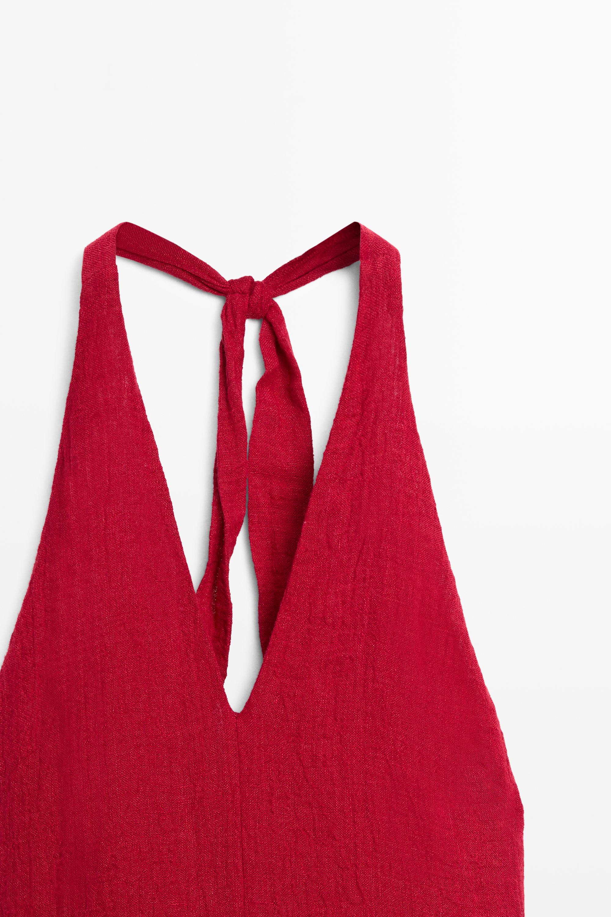 Long 100% linen dress with neckline detail — RED