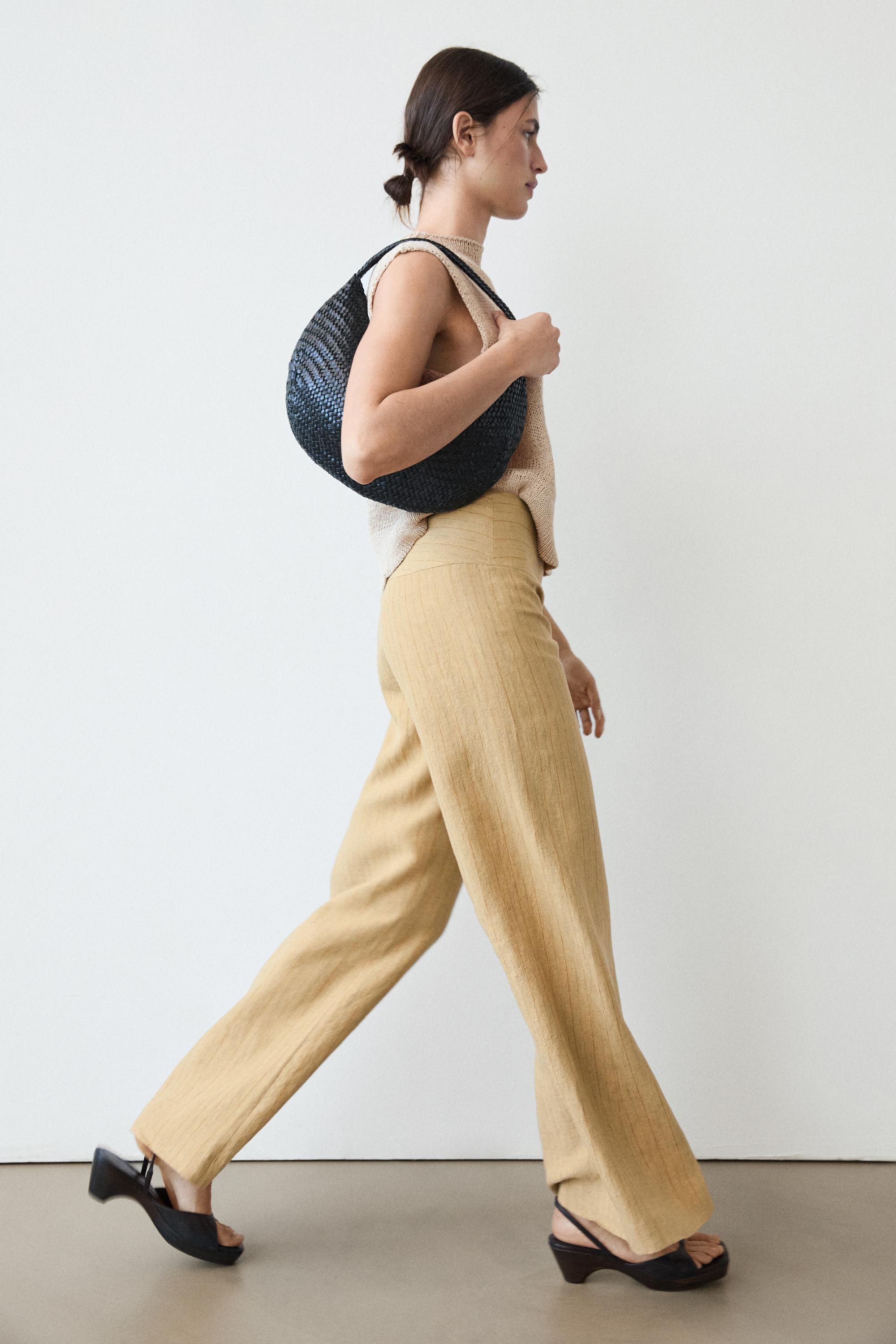 100% linen mid-waist flare pants — SAND
