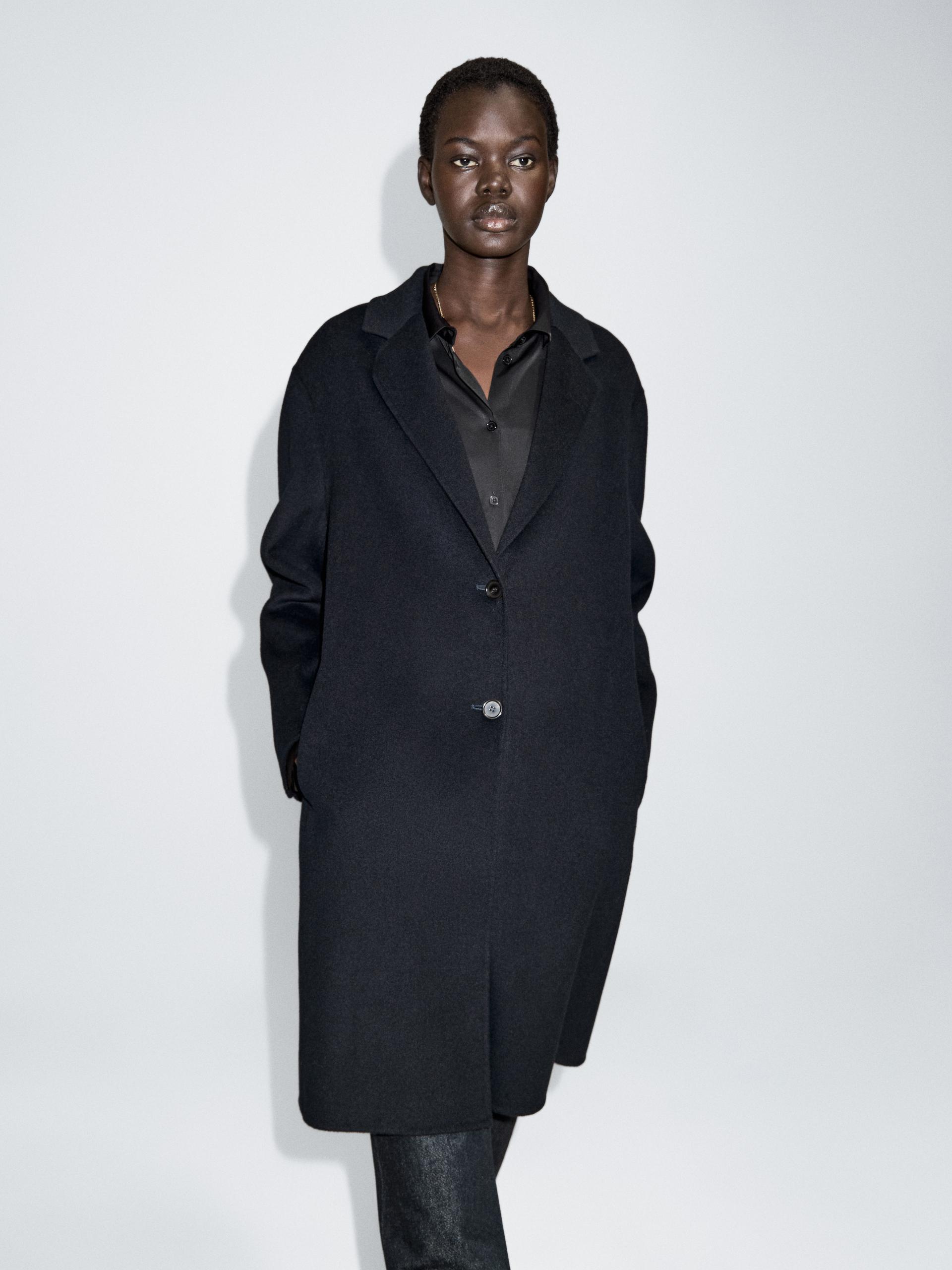 Manteau Long Deux Boutons En Laine Mélangée - Bleu Marine - Xs - Massimo Dutti - Femme